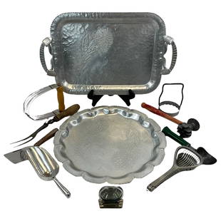 Kitchen Item Assortment: Assortment of pewter serving trays and miscellaneous kitchen gadgets