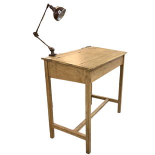 Drafting Table and Lamp: Drafting Table and Lamp. Table stands approx. 43 1/2" tall, 48 1/2" wide, and 26" deep. Desk lamp is adjustable and has a standard light bulb base.