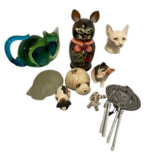 Cat Figurine Assortment, Lot of 8: Nesting cat, glass cats (2), ceramic cate, clay cat, cat head, calico cats (2)