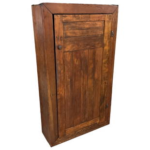 Primitive 1-Door Cupboard: Primitive 1-door, pine cupboard; 5 shelves. Measures approx. 61 1/2" tall, 35" wide, 12 1/2" deep.