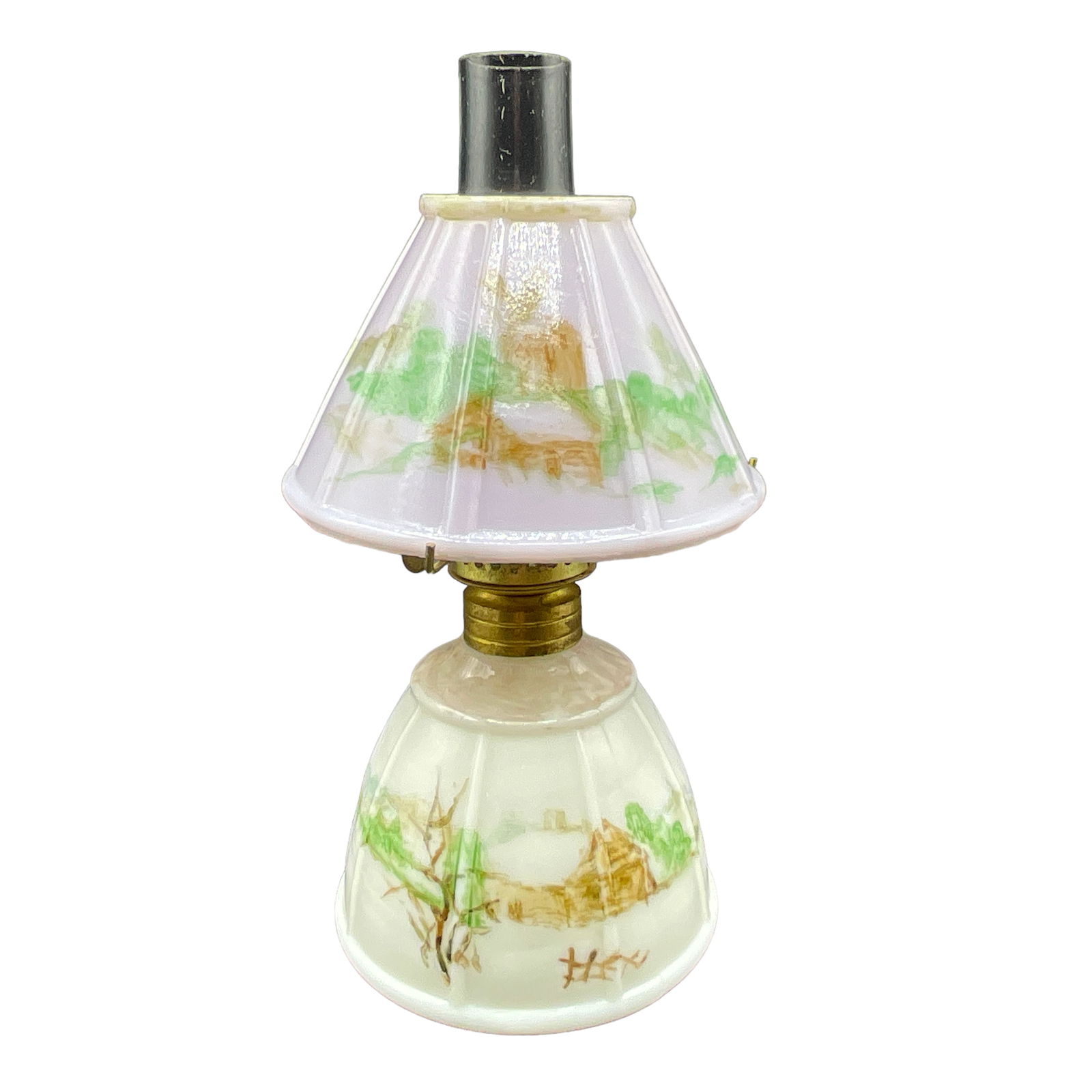 Miniature Victorian Oil Lamp, Milk Glass, Basket Weave (1 of 4)