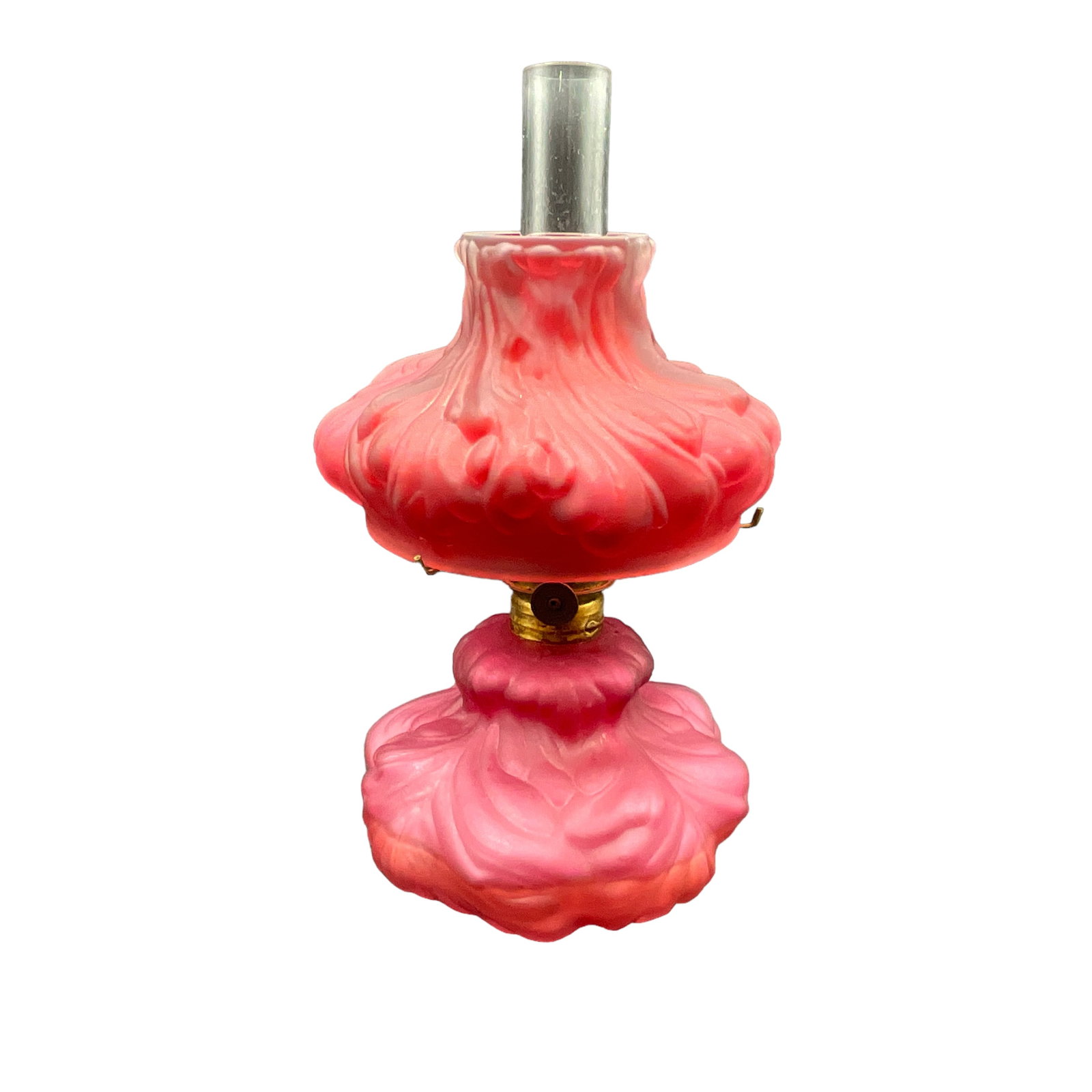Miniature Victorian Oil Lamp, Fenton Glass, Red Satin Glass: Red satin Fenton glass oil lamp. Includes base, shade, and burner. Measures approx. 8 1/2" tall, 4 1/4" diameter.