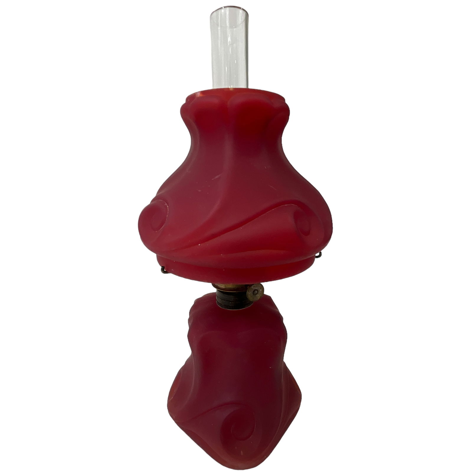 Miniature Victorian Oil Lamp, Milk Glass Embossed Snail Pattern, Ruby (1 of 6)