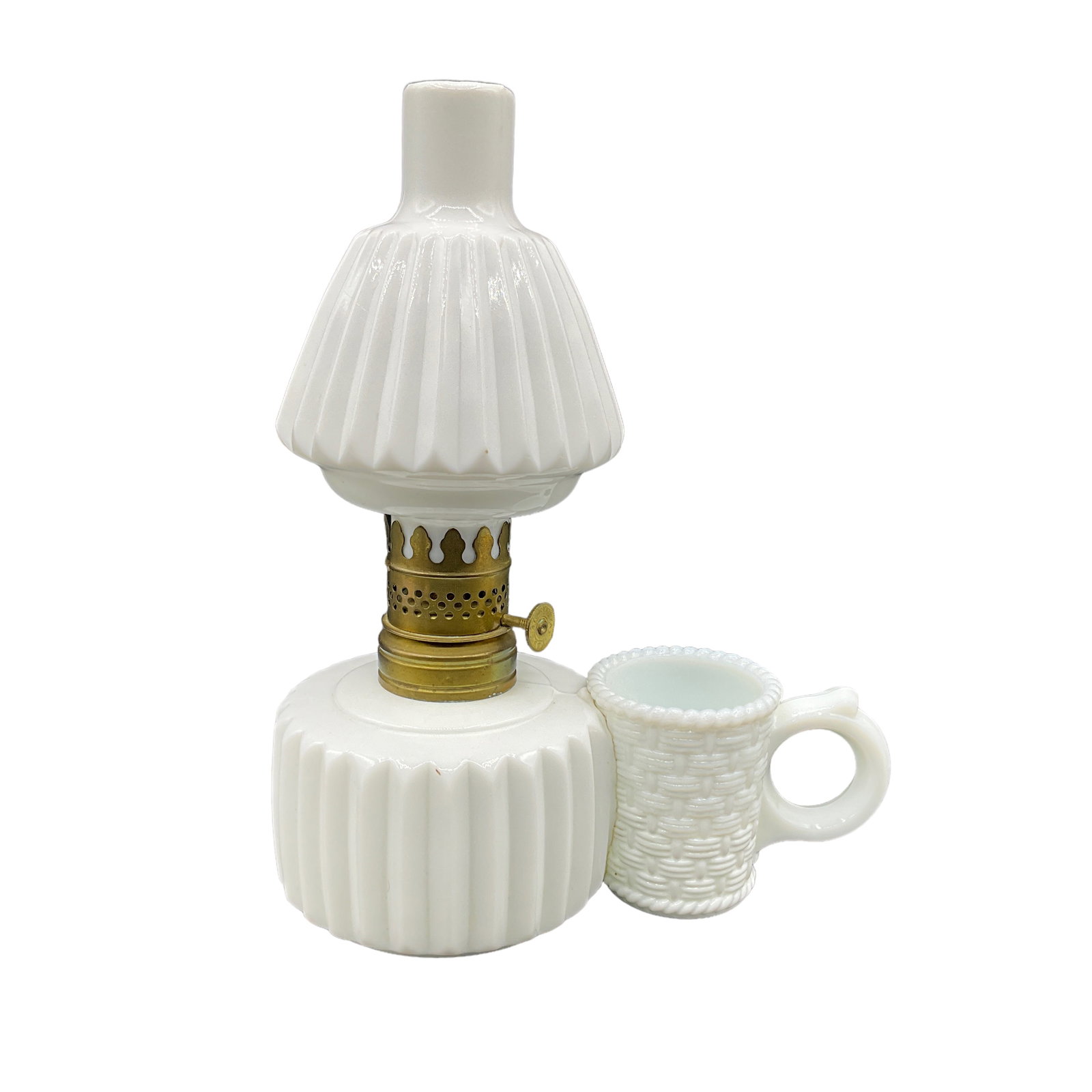 Miniature Victorian Oil Lamp, White Milk Glass w/Match Holder (1 of 4)