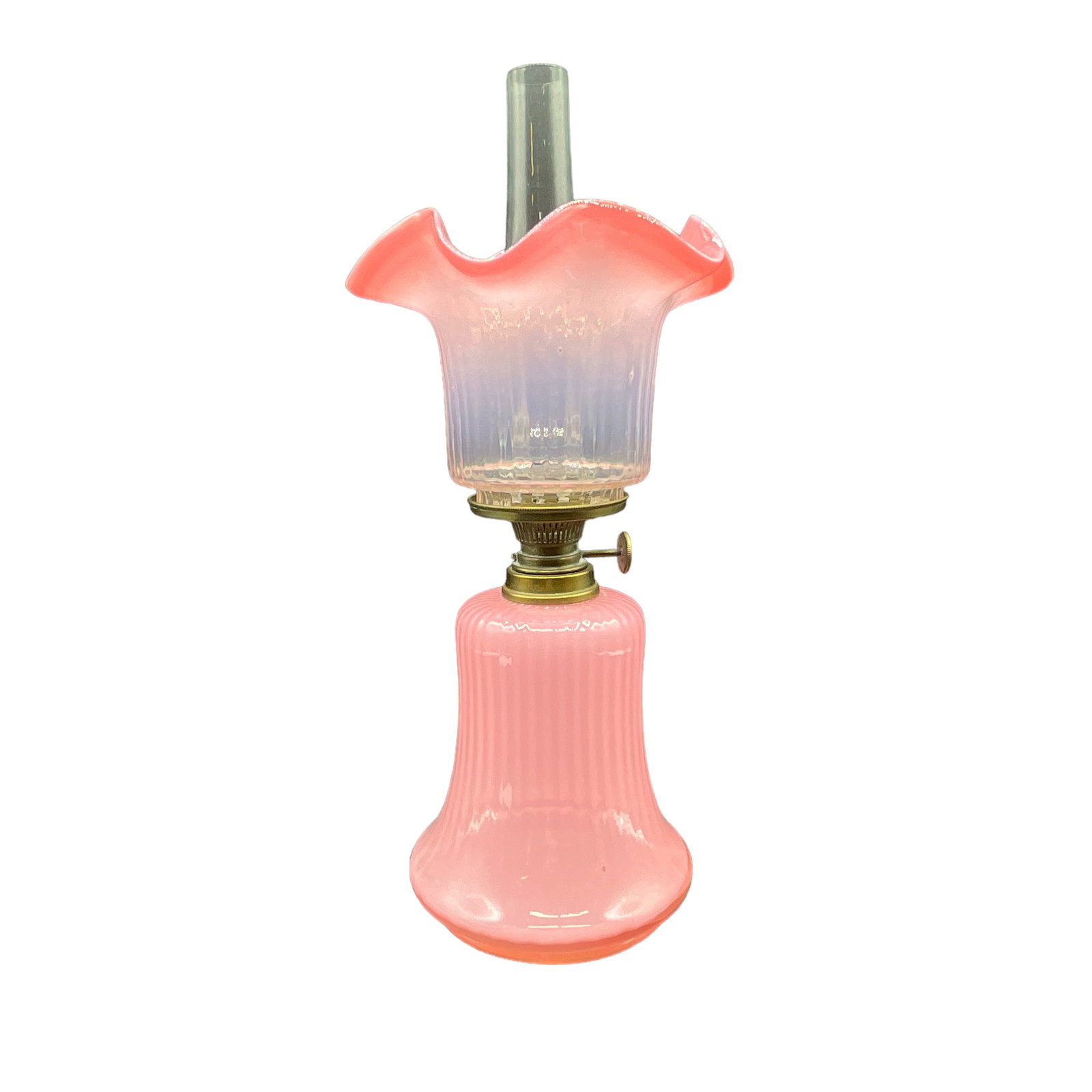 Miniature Victorian Oil Lamp, Pink Glass (1 of 4)