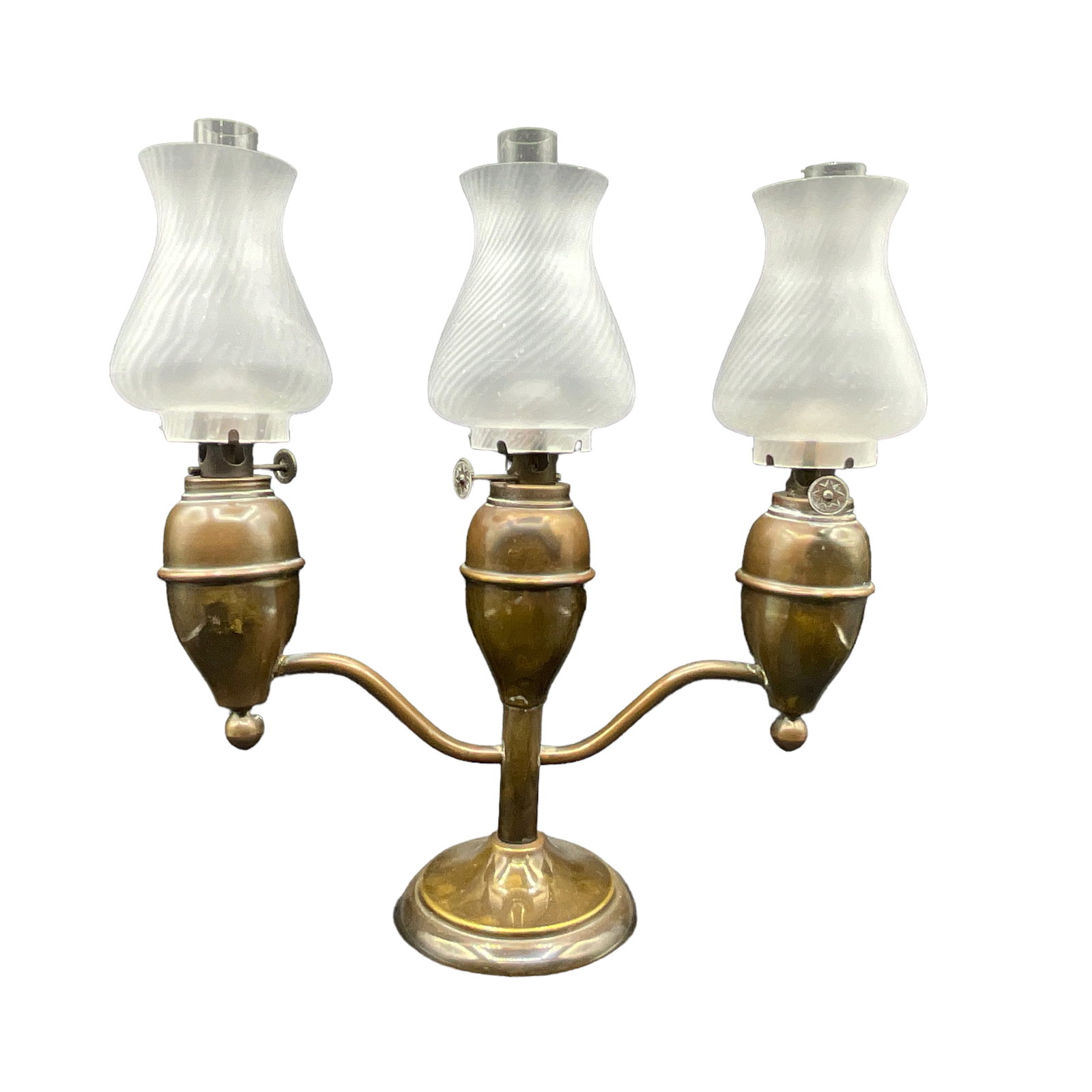 Miniature Victorian Oil Lamp, Student Lamp, Brass, Triple Globe (1 of 3)