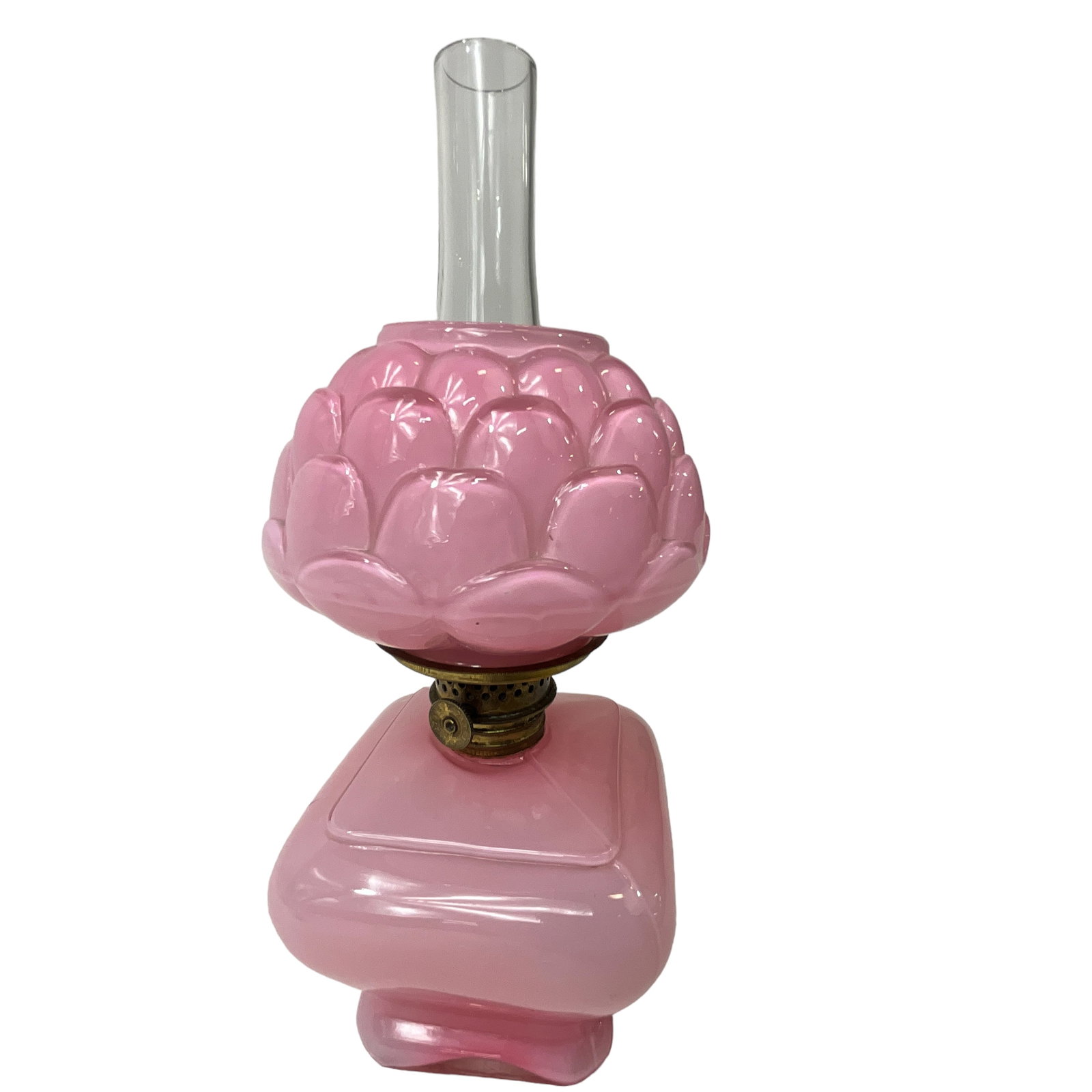 Miniature Victorian Oil Lamp, Pink Cased Glass (1 of 3)