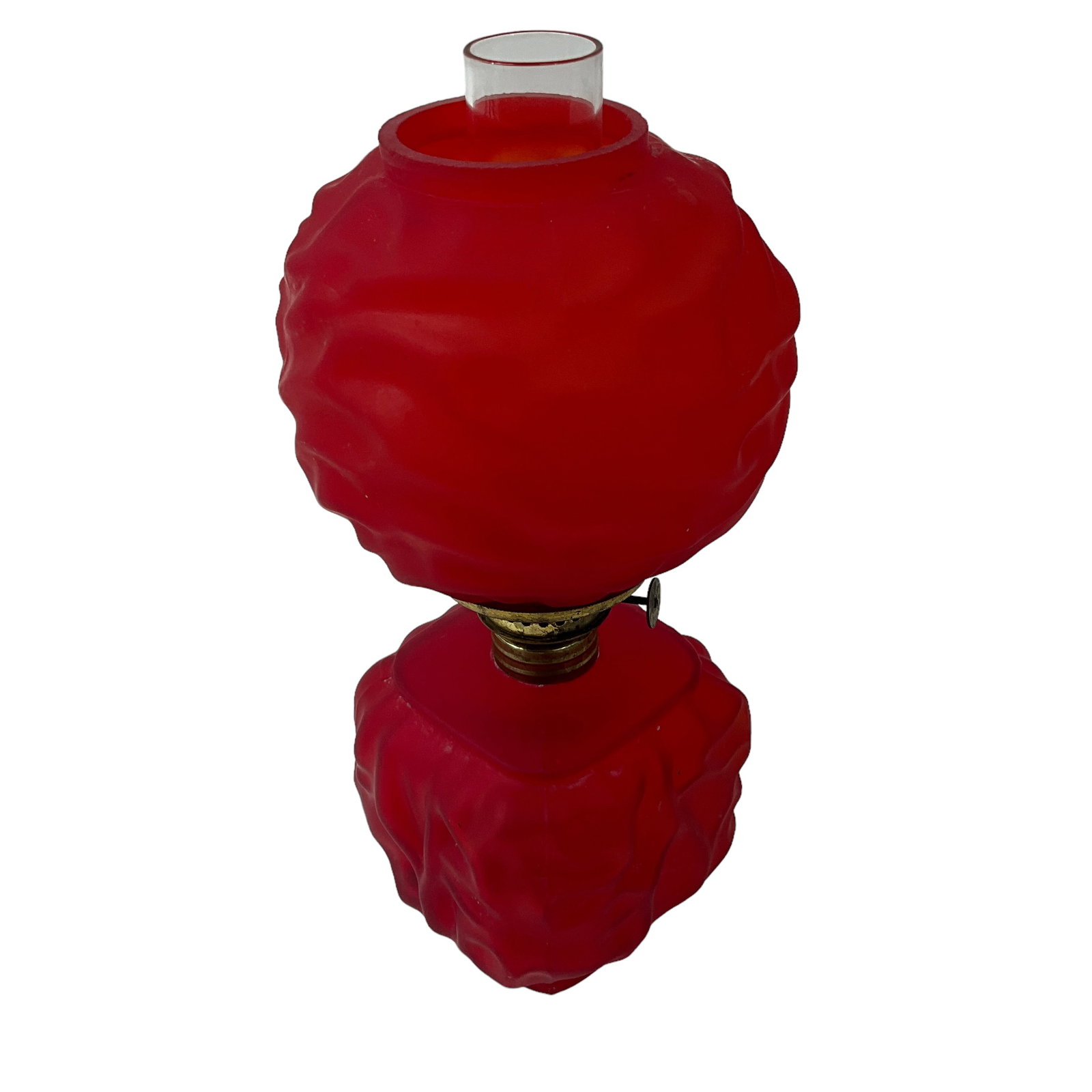 Miniature Victorian Oil Lamp, Red Satin Glass: Red satin glass, raised design oil lamp; square base; round shade. Includes base, shade, chimney, and burner. Measures approx. 9" tall, 4" diameter.