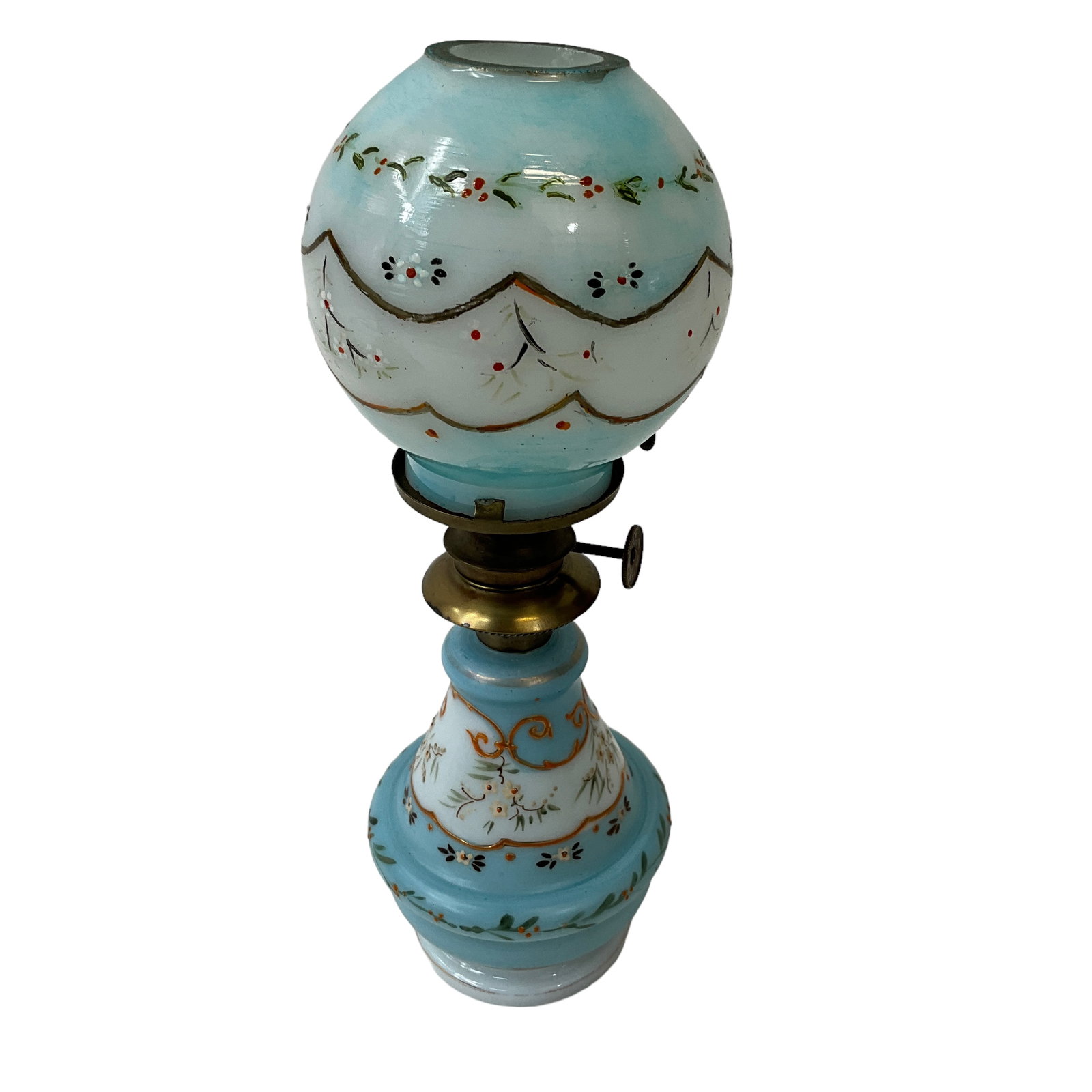 Miniature Victorian Oil Lamp, Blue Floral with Painted Brass and Copper Accents (1 of 3)