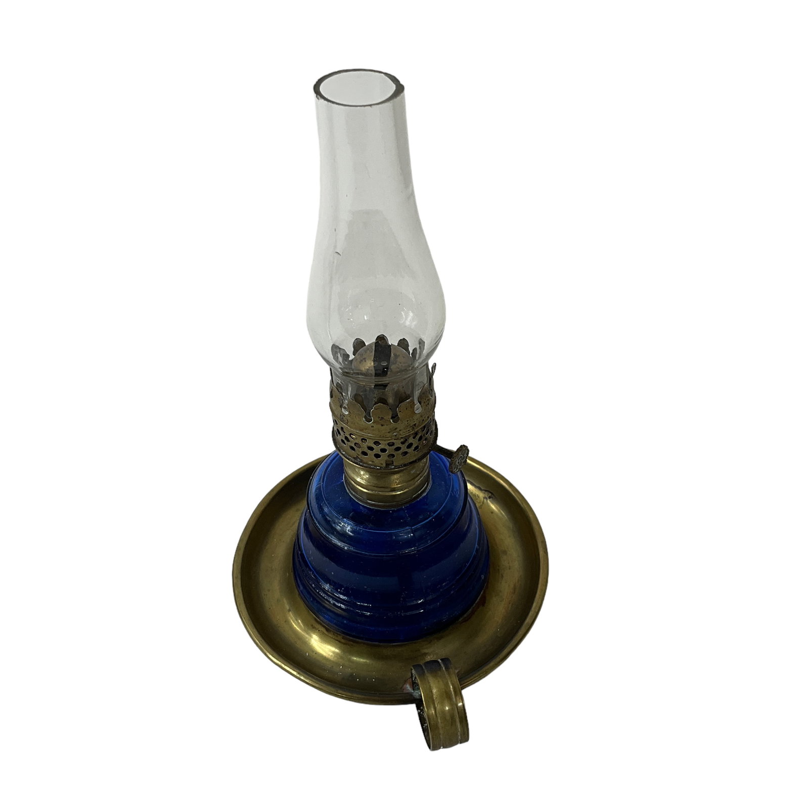 Victorian Finger Lamp, Blue Glass, Brass Base: Blue glass, brass base finger lamp. Includes base, chimney, and burner. There is a chip on the top of the chimney. Measures approx. 7" tall, 4 1/4" diameter.