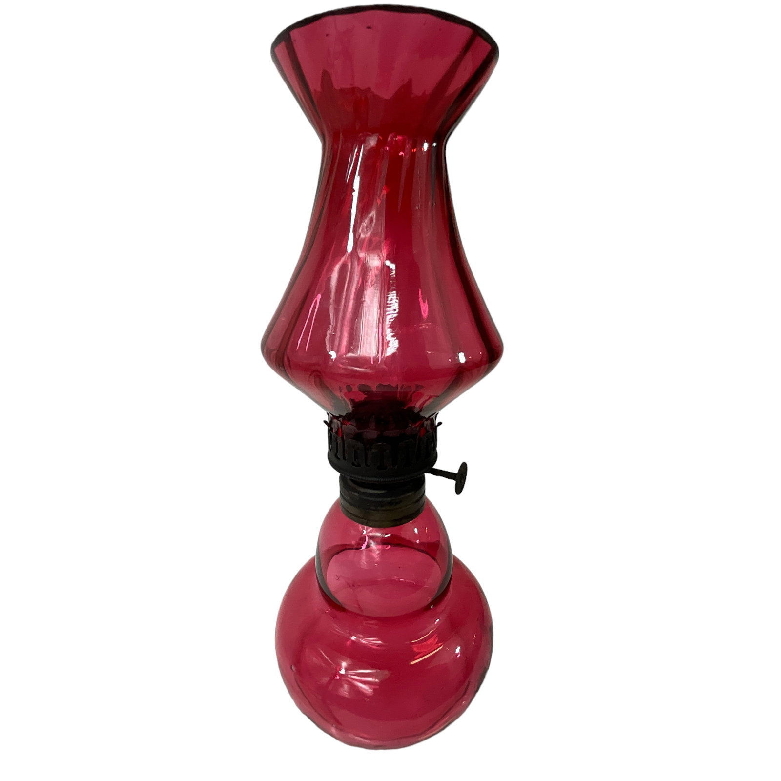 Miniature Victorian Oil Lamp, Cranberry Glass: Cranberry glass oil lamp. Includes base, shade, and hornet burner. Measures approx. 9" tall, 3 1/2" diameter.
