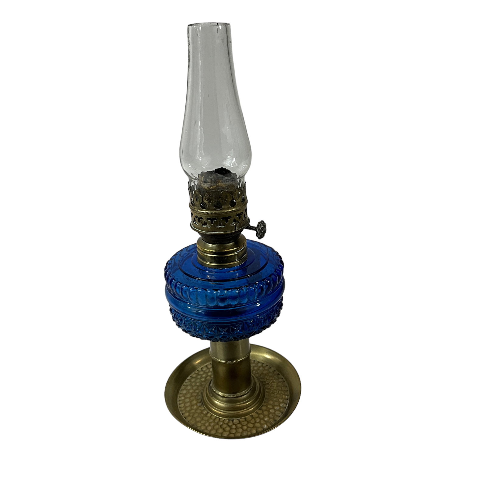 Miniature Victorian Oil Lamp, Blue Base, Embossed, Brass Stem: Blue glass oil lamp featuring embossed glass and brass stem. Includes base, chimney, and burner. Measures approx. 8 1/2" tall, 3 1/4" diameter.