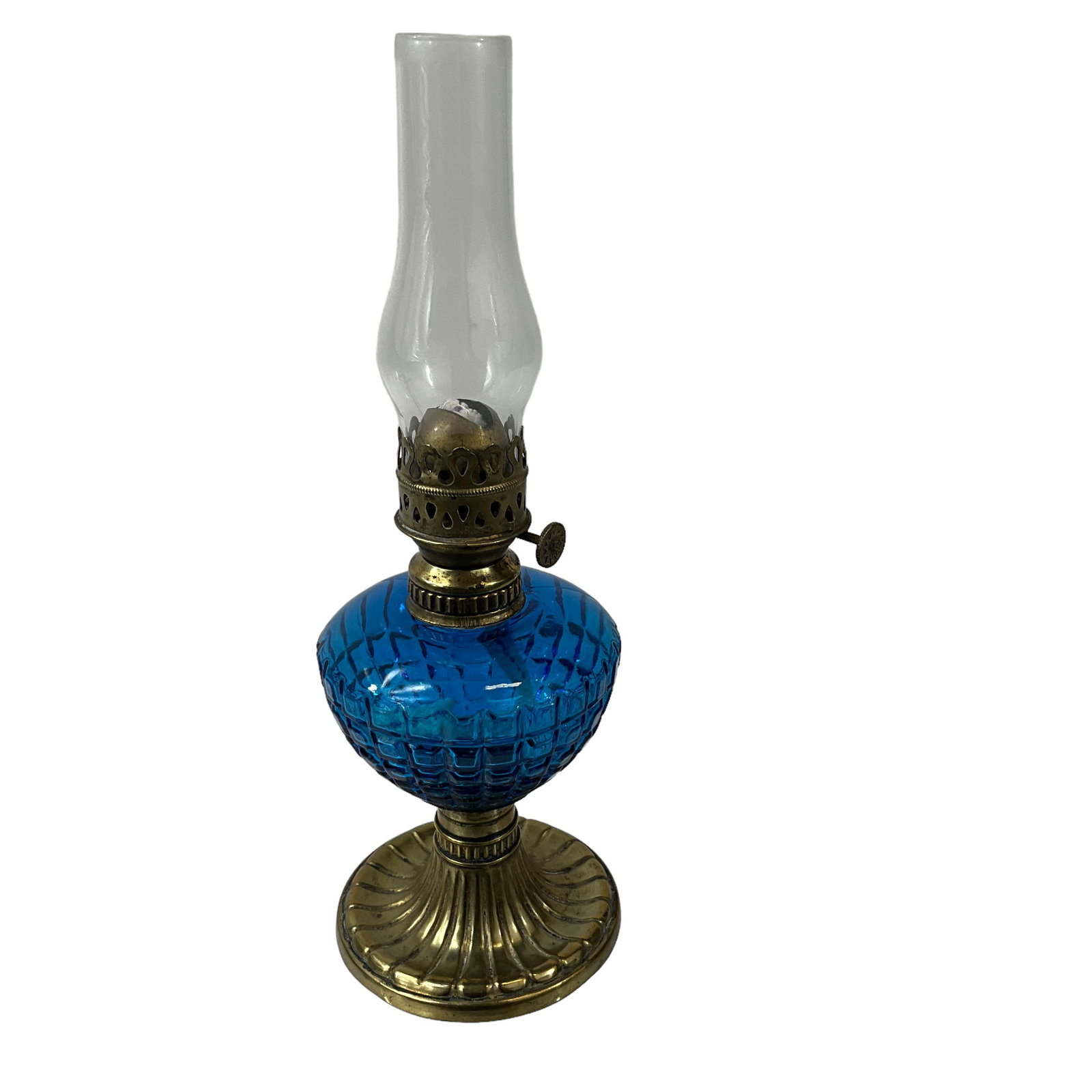 Miniature Victorian Oil Lamp, Blue Waffle Pattern Glass, Brass Stem (1 of 2)