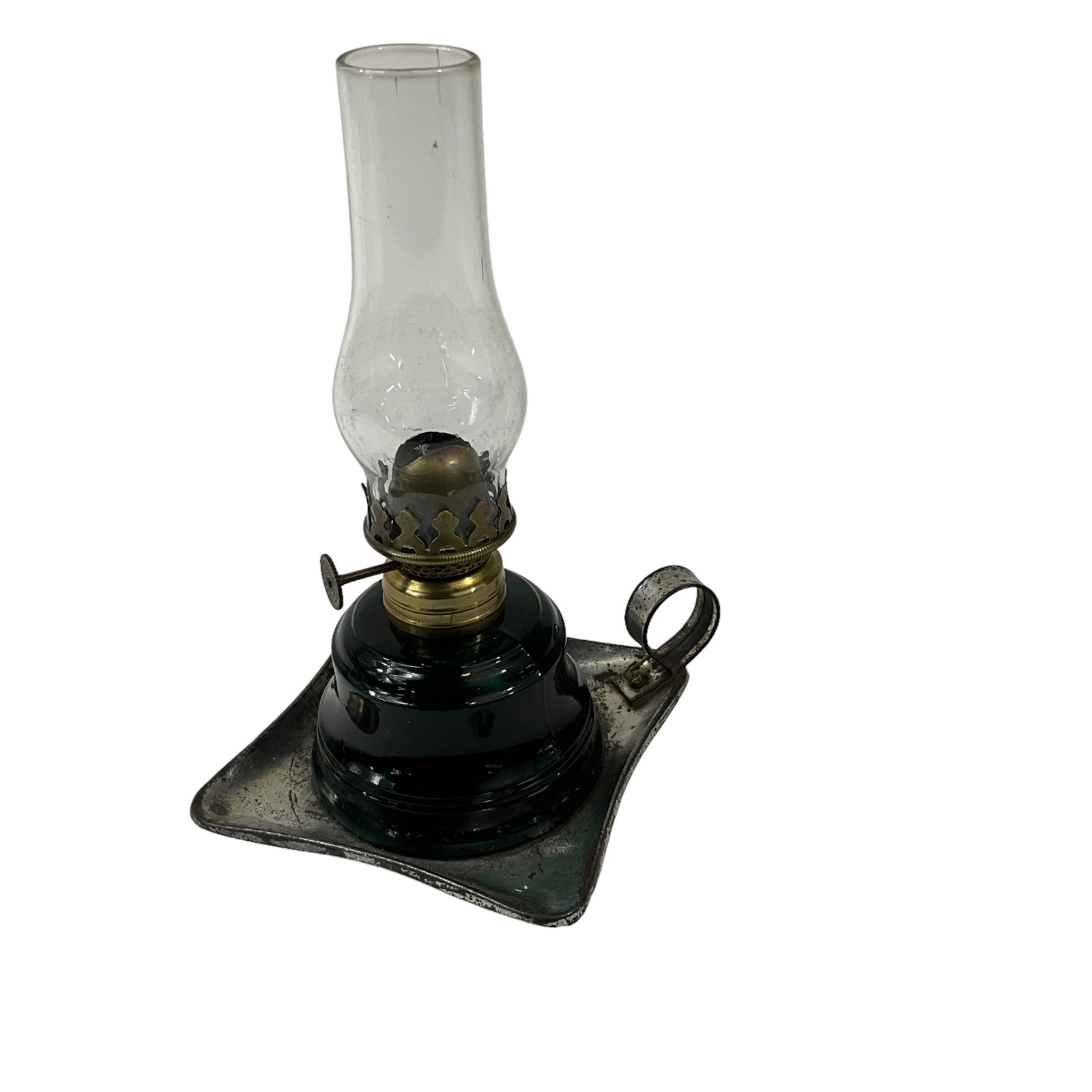 Miniature Victorian Oil Lamp, Green with Metal Finger Loop Base (1 of 2)
