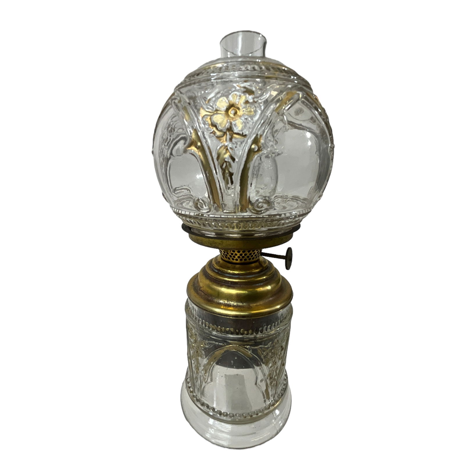 Miniature Victorian Oil Lamp, Clear Embossed glass with Gold Painted Detail.. (1 of 2)