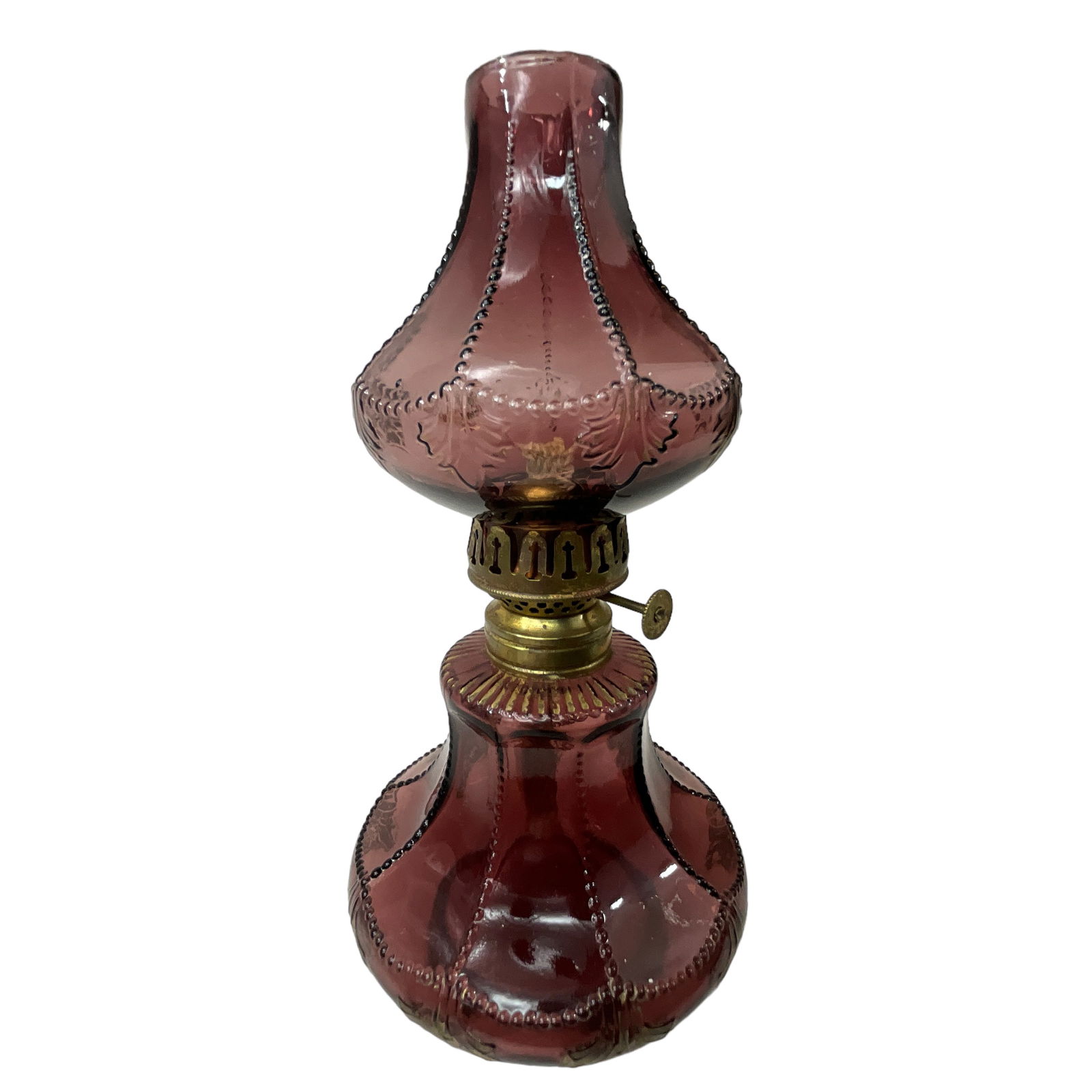 Miniature Victorian Oil Lamp, Amethyst Glass, Embossed Beading and Gold Painted Design (1 of 4)