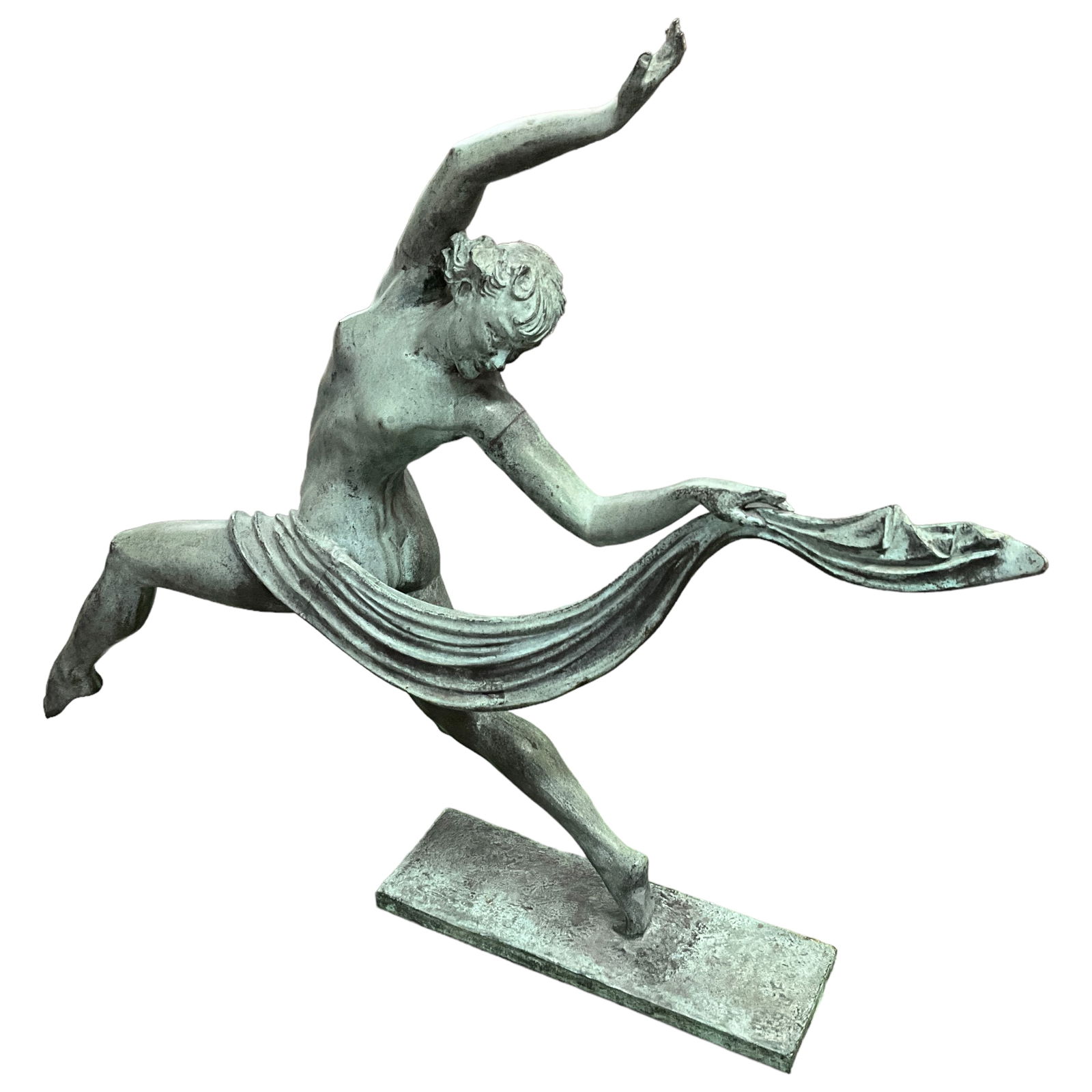 Pierre Le Faguays (1892-1962), "Danseuse A L'Echarpe" Bronze Sculpture: Verdigris bronze sculpture by Pierre Le Faguays (1892-1962). Measures approx. 23 3/4" tall, 28 1/2" wide, 5" deep. Le Faguays was a French Art Deco sculptor. He also used the pseudonyms Fayral, and Gu