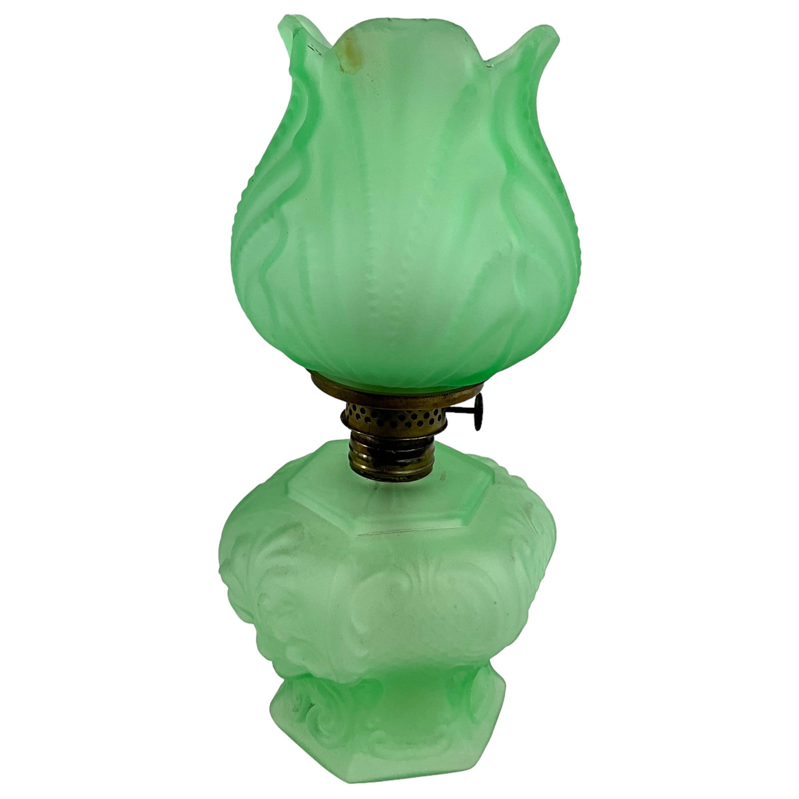 Miniature Victorian Oil Lamp, Green Satin Tulip Glass, Embossed Leaf and Dot Design (1 of 5)