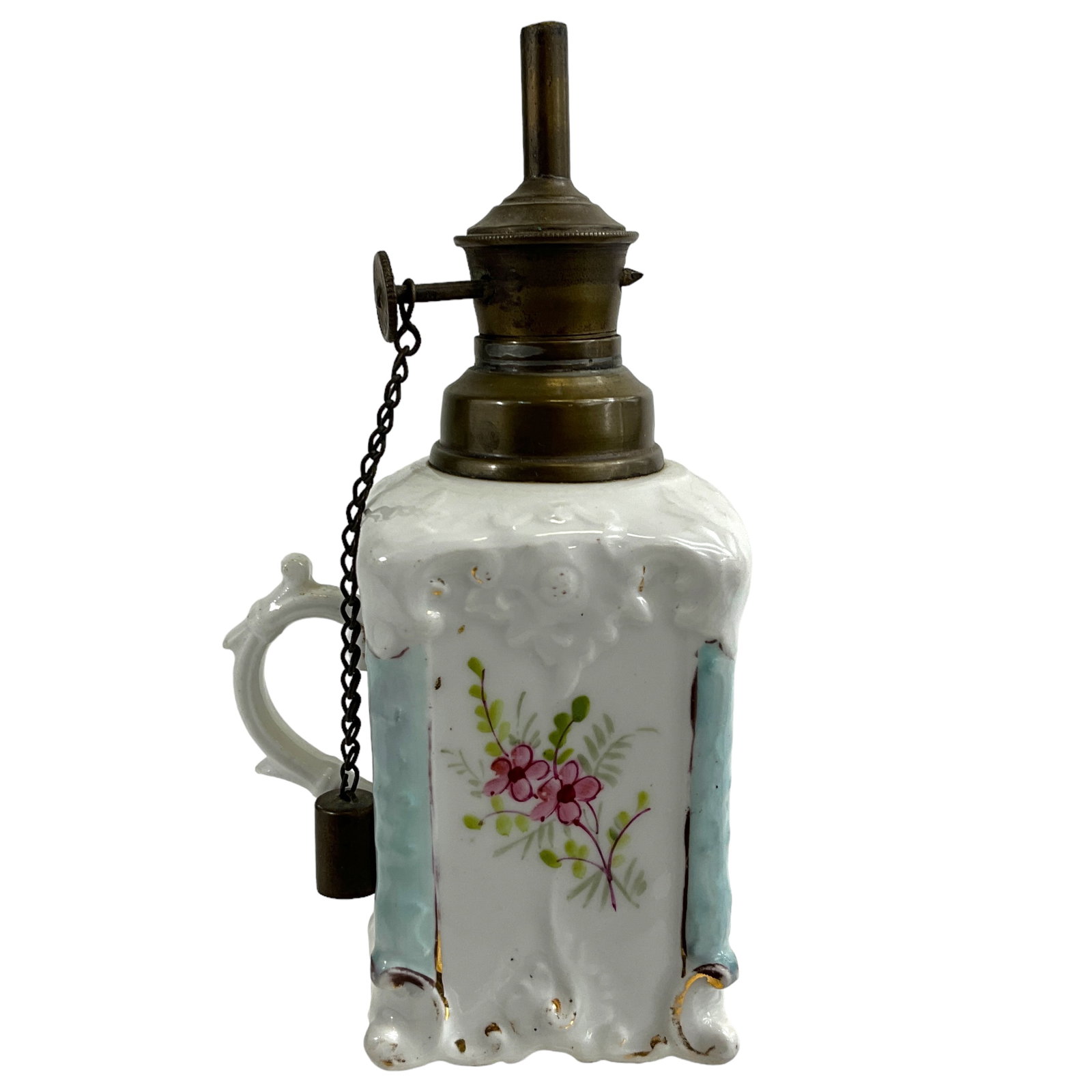 Victorian Finger Lamp, Ceramic with Painted Floral Design: Victorian finger lamp in white ceramic featuring a painted floral design, gold gilt. Measures approx. 6 1/2" tall, 2 1/4" x 2 1/2" square base, 1" finger loop.