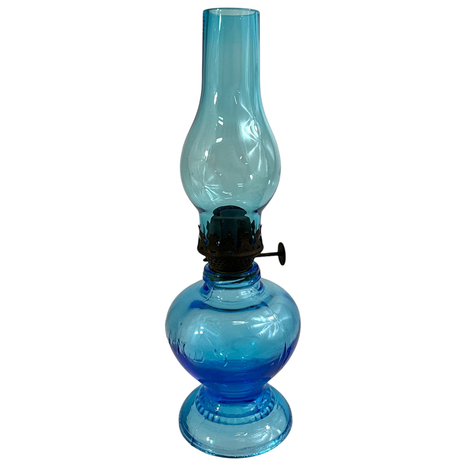 Miniature Victorian Oil Lamp, Blue Glass, "HANDY" Lamp: Miniature victorian "HANDY" Lamp in blue glass. Includes blue base and chimney, and burner. Measures approx. 8" tall, 2 1/2" diameter.