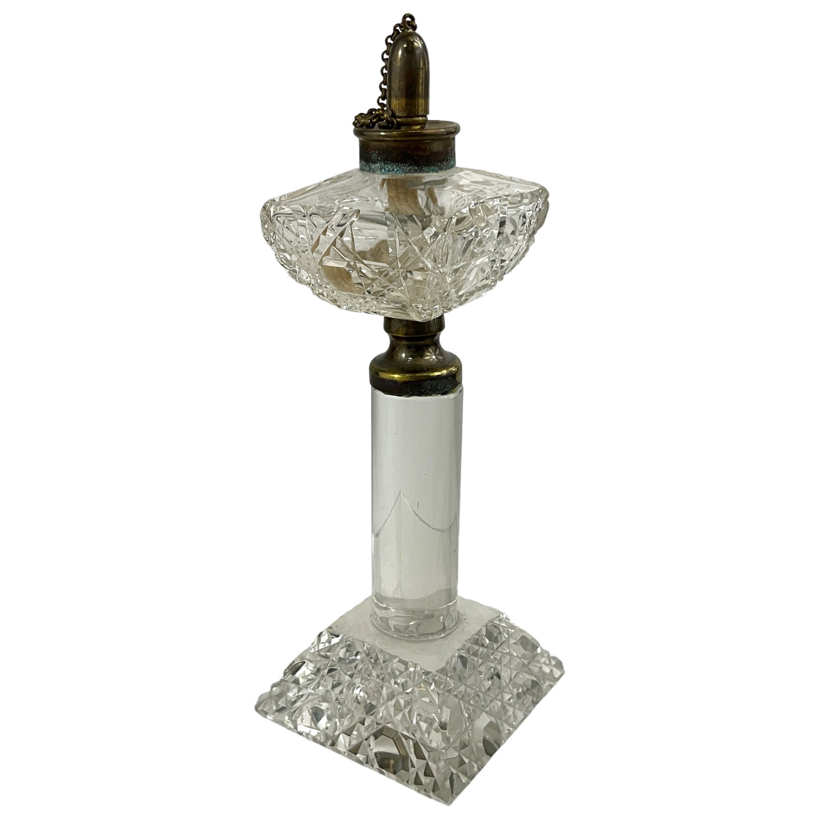 Crystal Night Light: Crystal night light w/brass wick cap. Measures approx. 6 1/2" tall, 2 1/4" square.