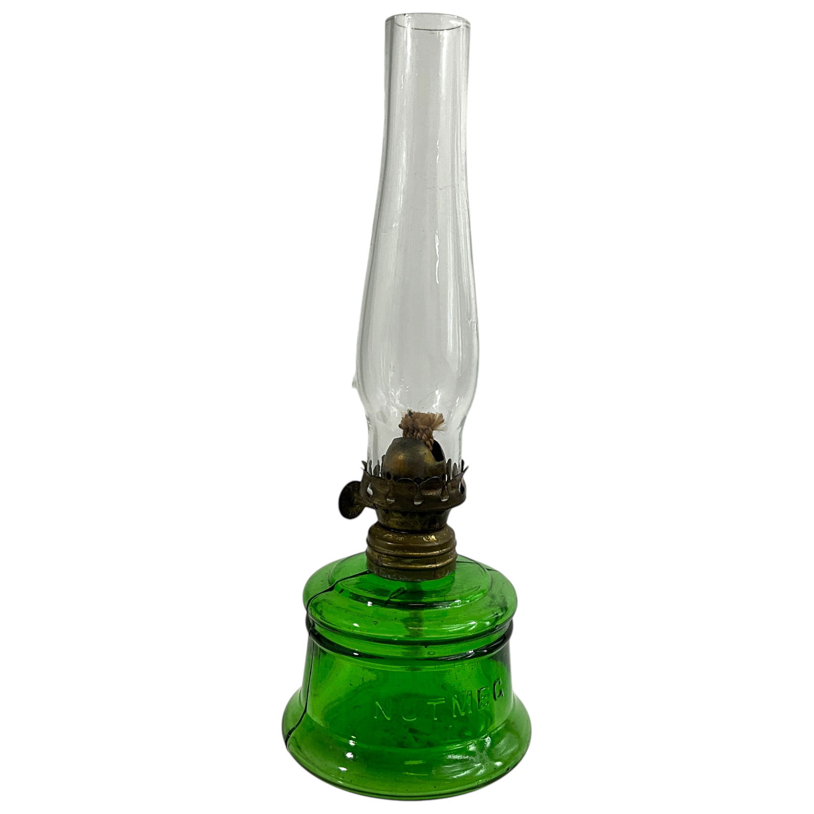 Miniature Victorian Oil Lamp, Green Glass, "NUTMEG" (1 of 3)