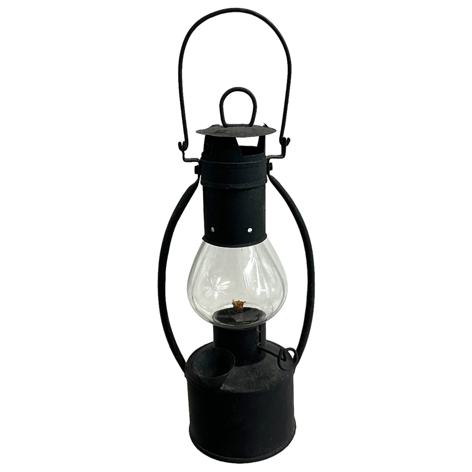 Miniature Oil Lantern, Black, Metal: Miniature oil lantern in metal painted black. Measures approx. 8 1/2" tall, 2" diameter, 1 1/2" handle drop.