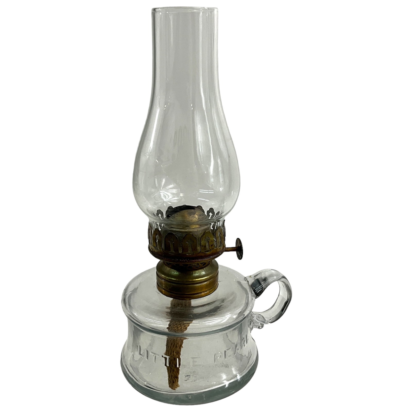 Victorian Finger Lamp, Clear Glass, LITTLE PEARL: Victorian finger lamp, clear glass , embossed "LITTLE PEARL" Includes base, chimney, and burner. Measures approx. 7 1/2" tall, 3 1/4" diameter, plus loop.