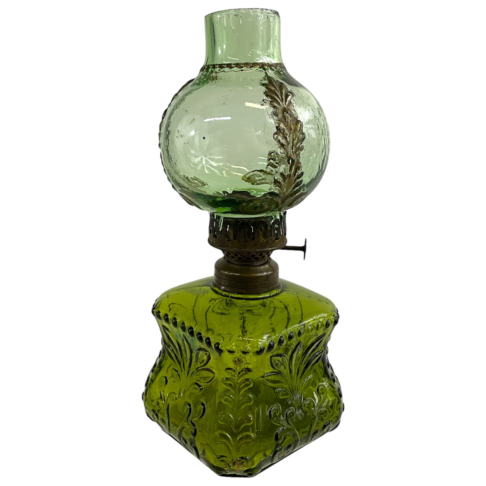 Miniature Victorian Oil Lamp, Green/Olive Glass, Embossed Design (1 of 6)