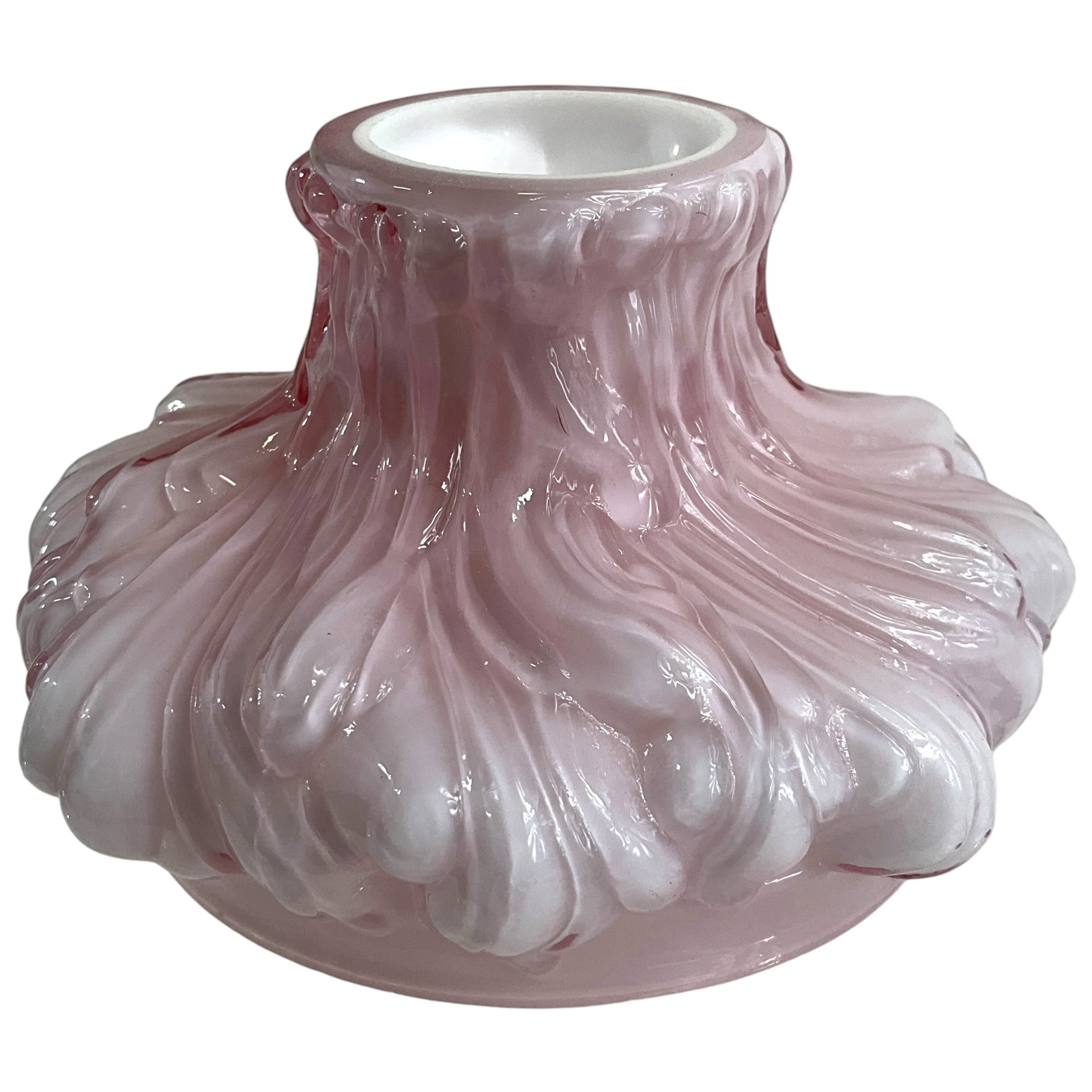 Miniature Victorian Oil Lamp SHADE, Pink and White Cased Glass, Embossed: Miniature victorian oil lamp SHADE ONLY in pink and white embossed plume design, cased glass. Shade is approximately 3 1/3" tall, 5" diameter