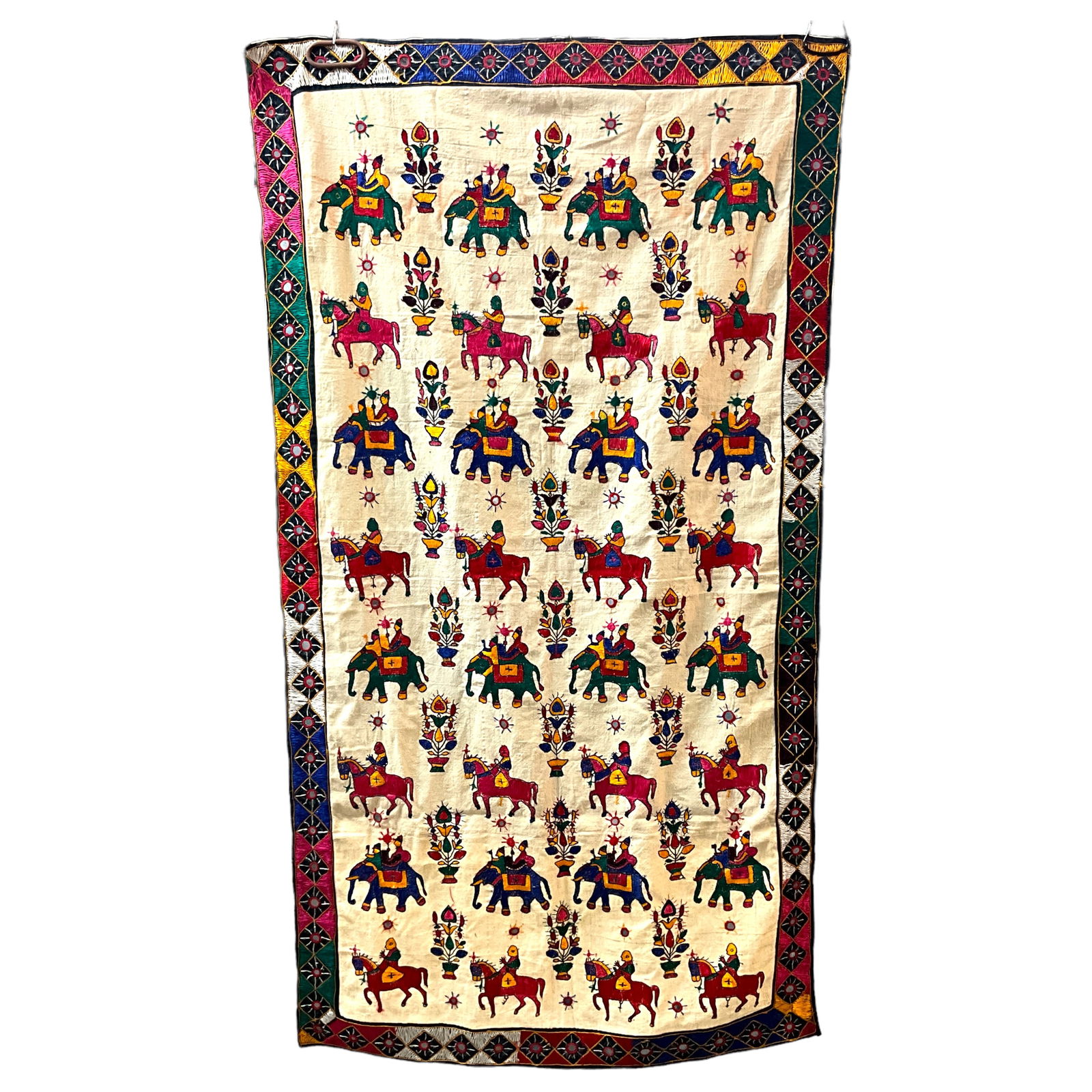 Wall Hanging, Linen and Silk: Linen and silk wall hanging. Measures approx. 64 3/4" long, 35 1/4" wide. Some stained and thread-bare areas.