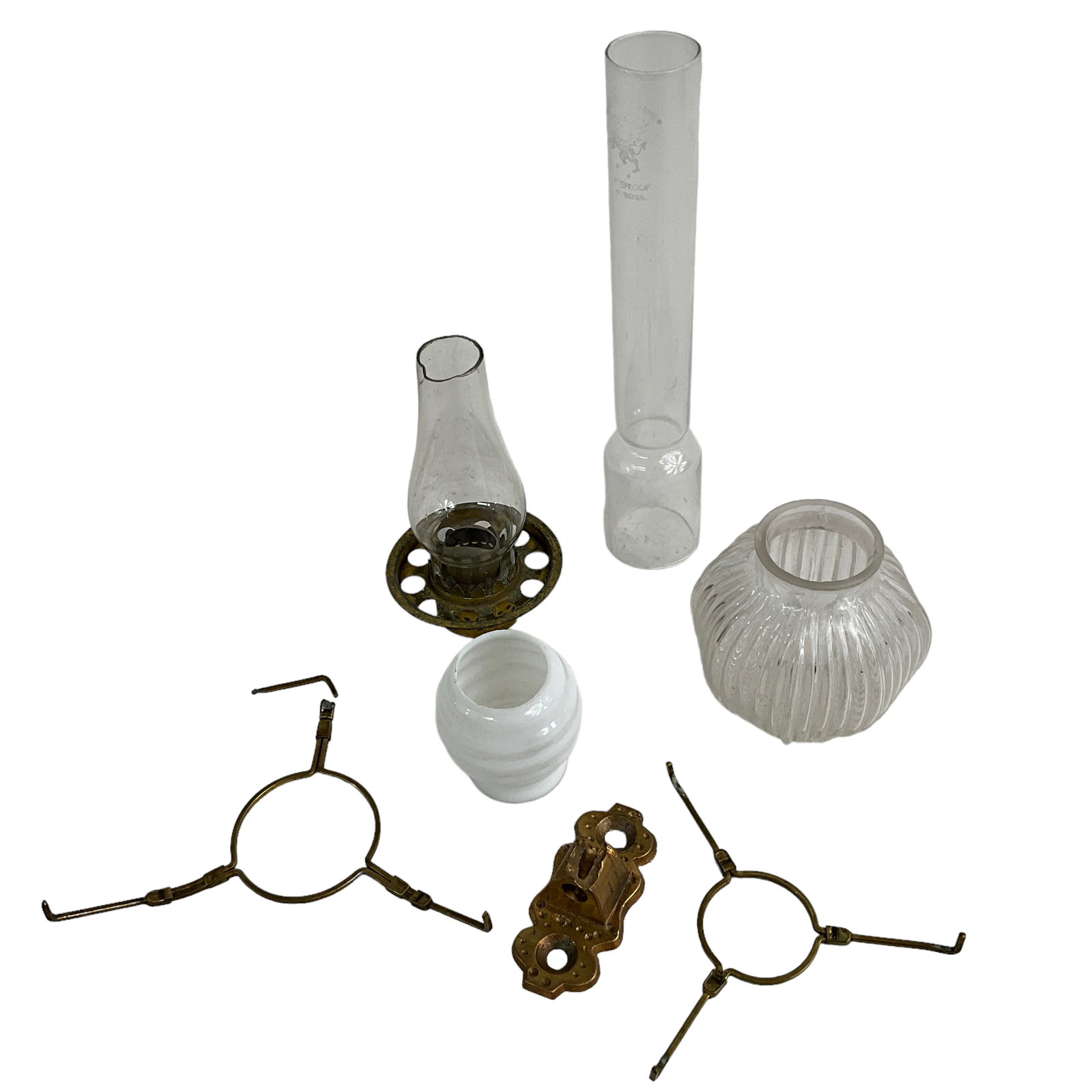 Miniature Victorian Oil Lamp Bits: Lot includes miscellaneous shades, chimneys, and shade supports for miniature oil lamps.