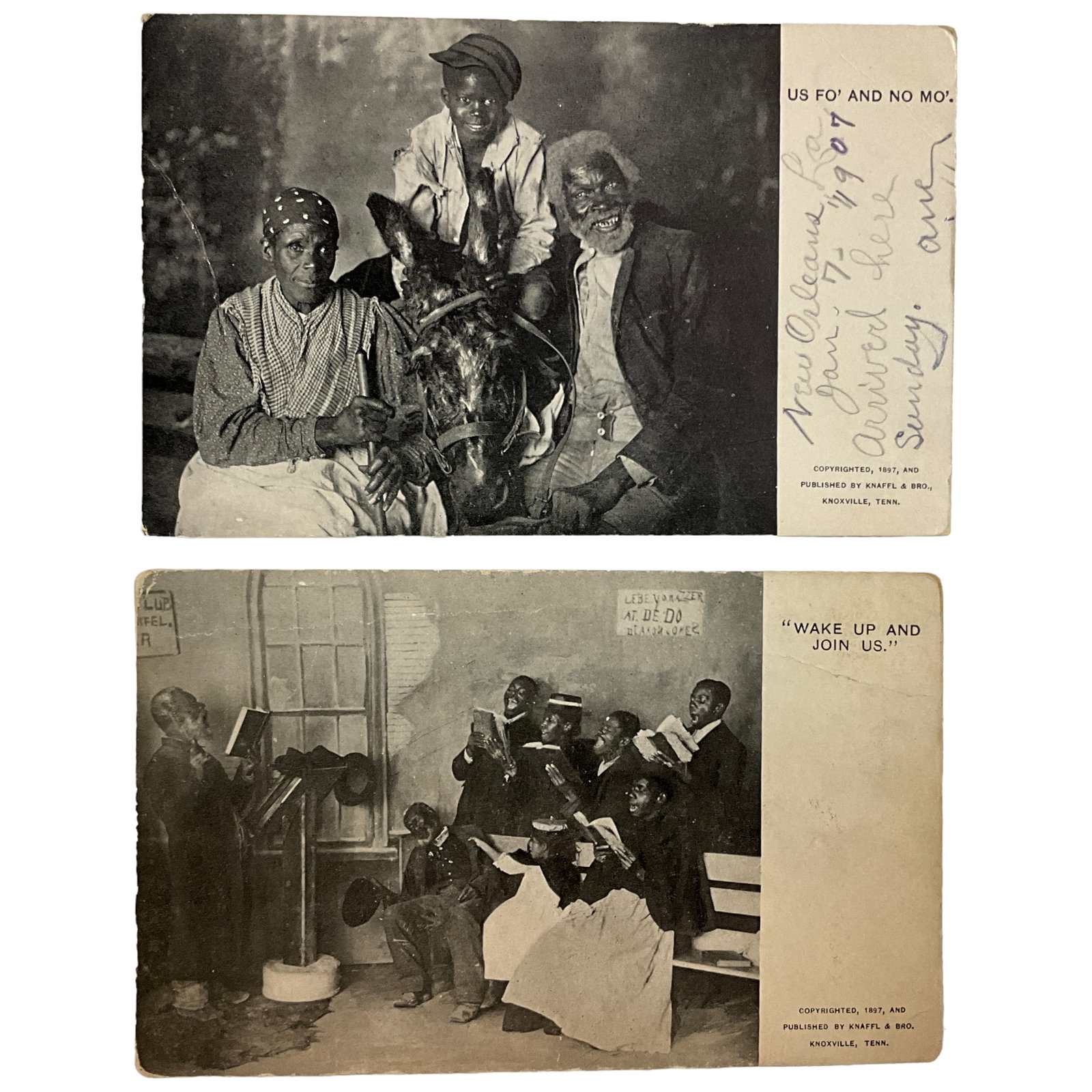 Antique Postcards, Black Americana, Family and Church, Lot of 2: Postcards featuring different depictions of African Americans, a family church, lot of 2 antique cards. Cards have soem minor edge wear and creasing, 1 has writing on the back. Published 1897 by Knaff