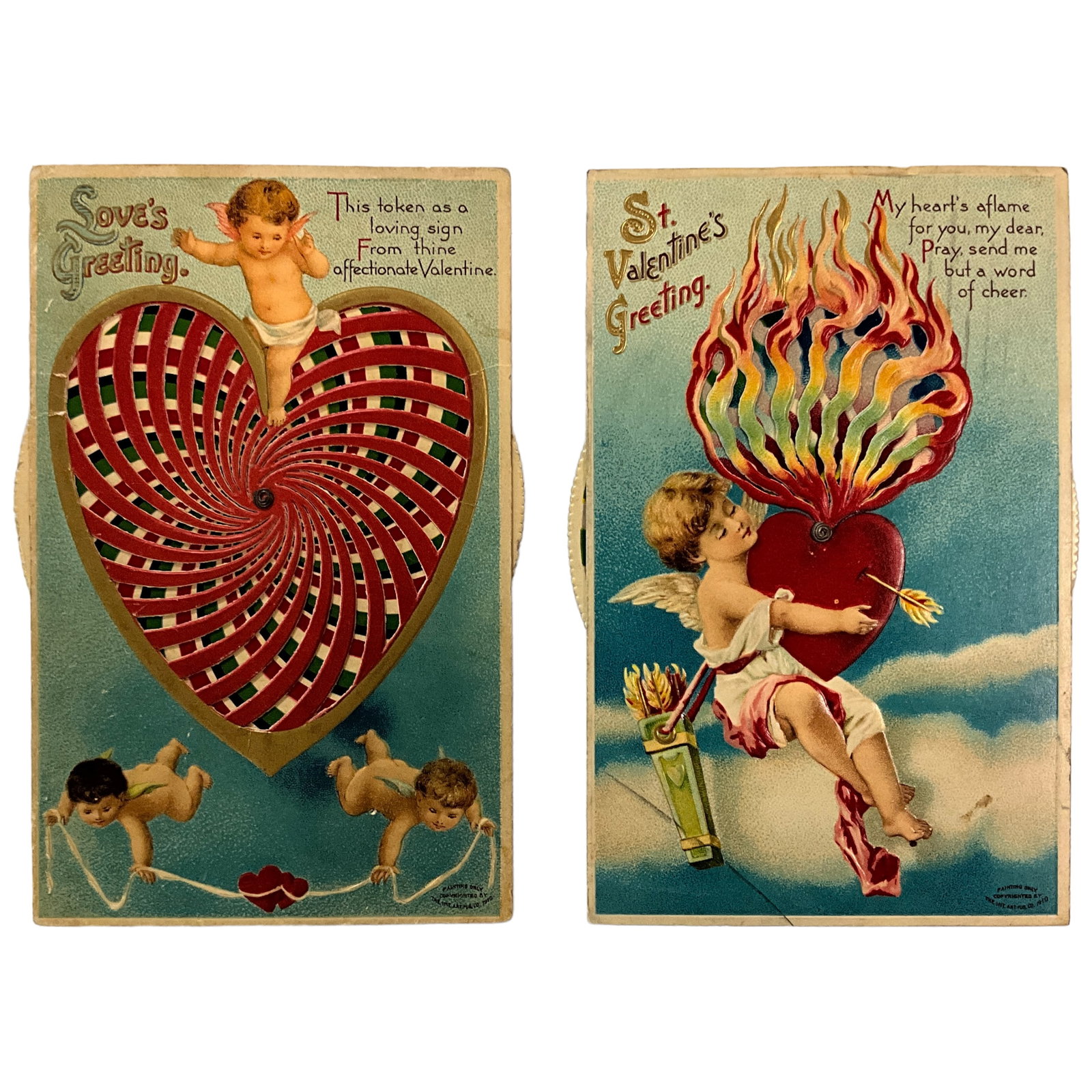 Novelty Postcards, Kaleidoscope Valentines, Lot of 2: Valentines Postcards featuring a wonderful Kaleidoscope effecr when the dial is turned. There is some minor edge wear. 1 is postmarked Febuary 14, 1911.
