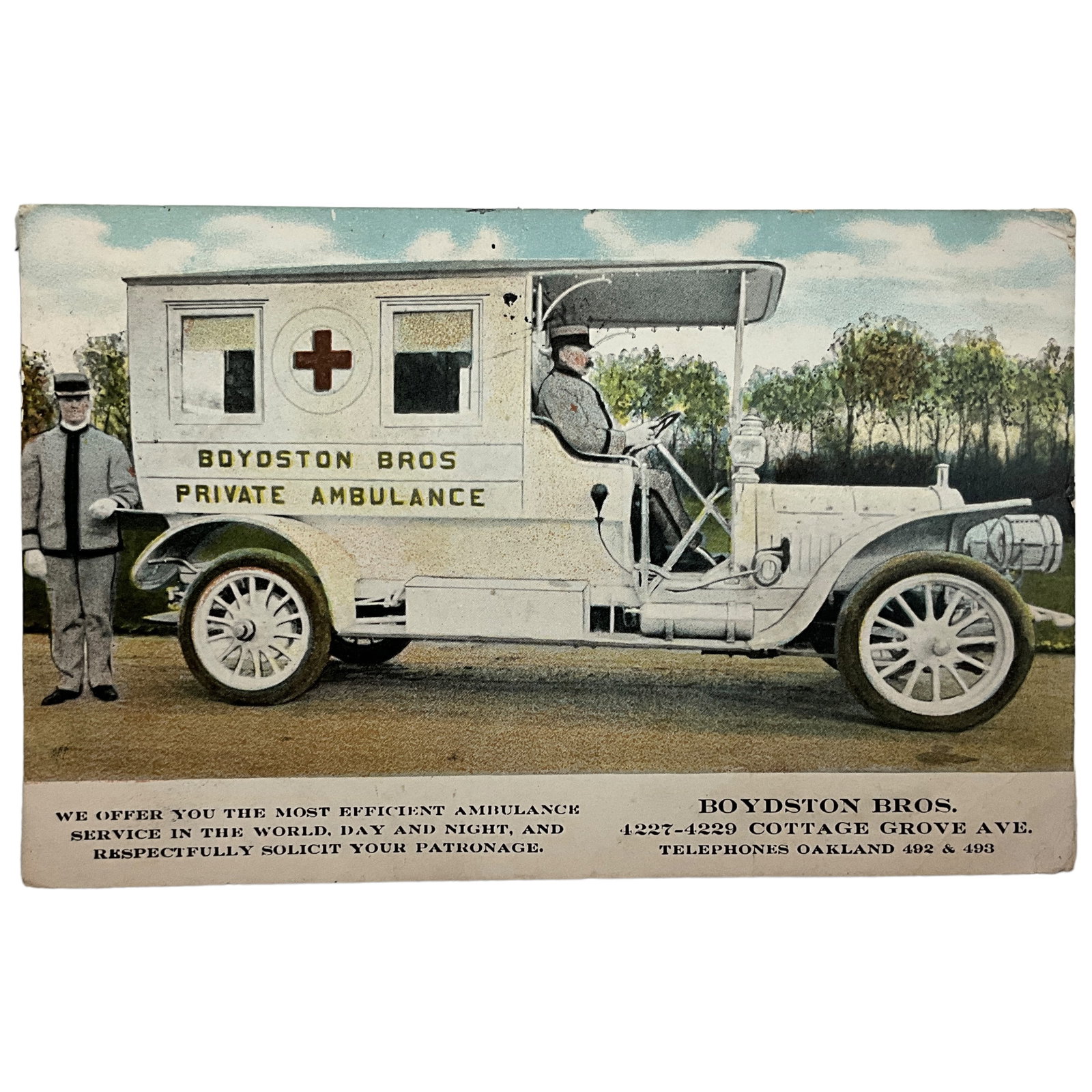 Postcard, Advertising for Boydston Bros Ambulance Service, Chicago, Illinois: Postcard featuring and advertisement for Boydston Bros Private Albulance Service, located in Chicago, Illinois. Card has some very minor edge wear. Postmarked Apr 3, 1908, Chicago, Ill.