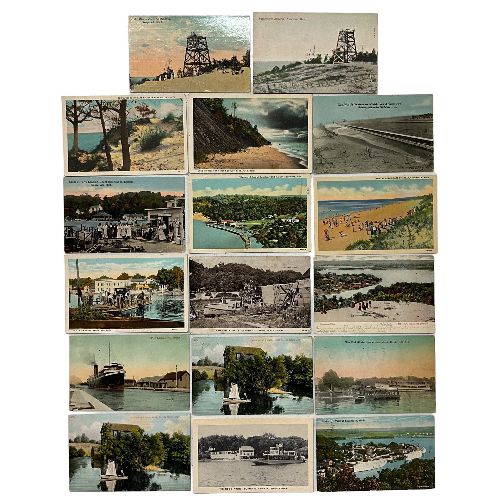 Postcards, Saugatuck, Michigan, Water Scenes, Lot of 17: Postcards of water-related scenes in Saugatuck, Michigan. Cards include the Old Water Mill, The Island Queen, Chain Ferry, beach, and waterways. Cards are in varying condition including edge wear and 