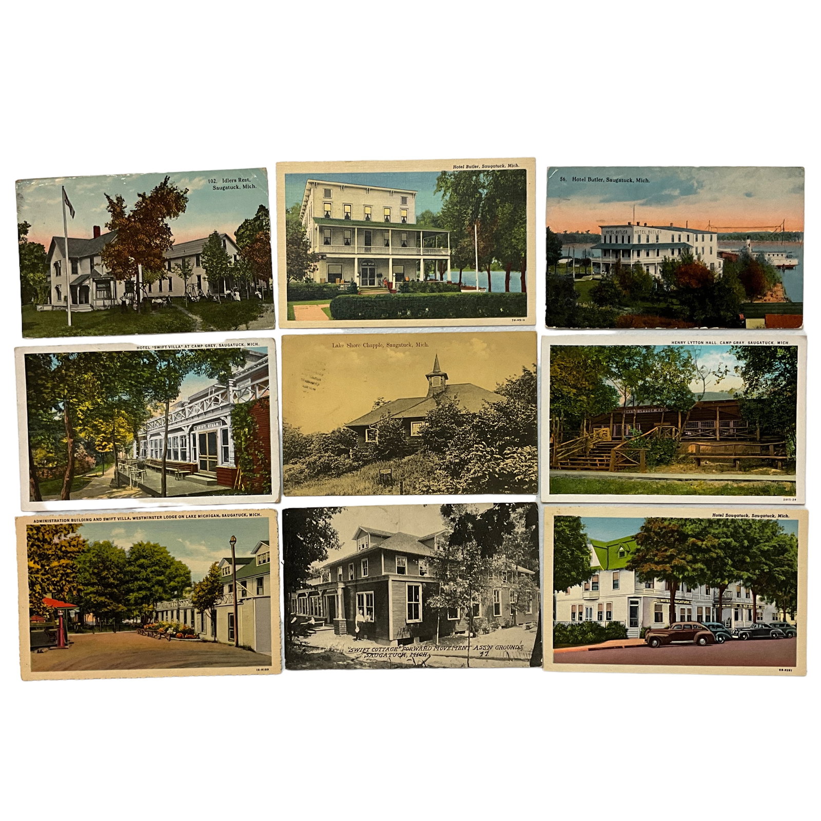 Vintage Postcards, Saugatuck, Michigan, Hotels, Lot of 9: Lot of 9 vintage postcards of Hotels located in Saugatuck Michigan. Cards include Westminster Lodge, Swift Cottage, Hotel Saugatuck, Lake Shore Chapple, Henry Lytton Hall @ Camp Gray, and Hotel Butler