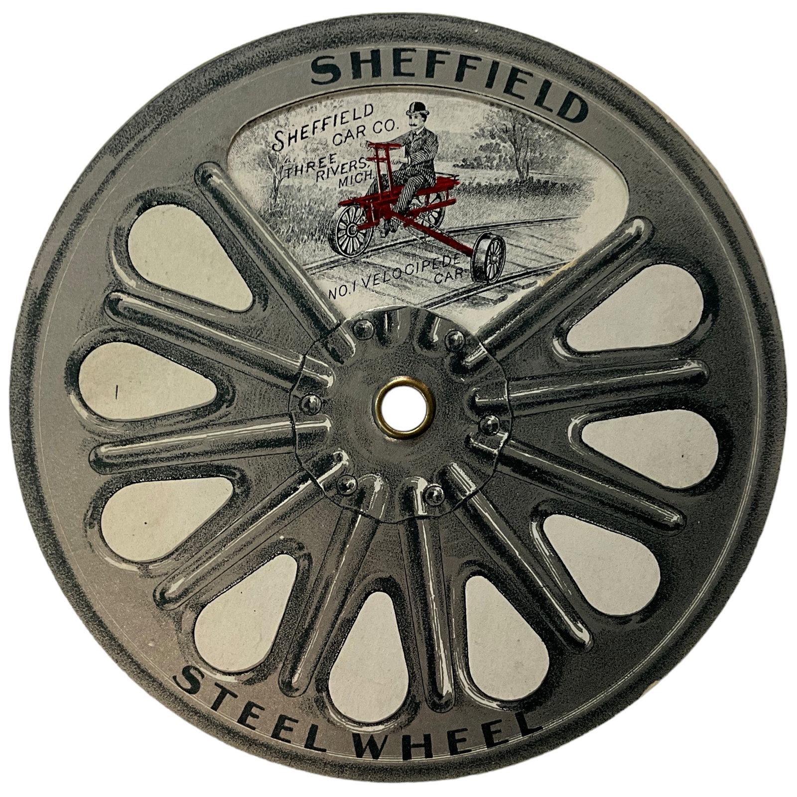 Novelty Trade Card, Sheffield Car Co, Three Ricers, Michigan: Trade Card advertising the steel wheel of the Sheffield Car Compant. Card features a spinning mechanishm that features different types of vehicles. There is one slight crease near the top of the piece