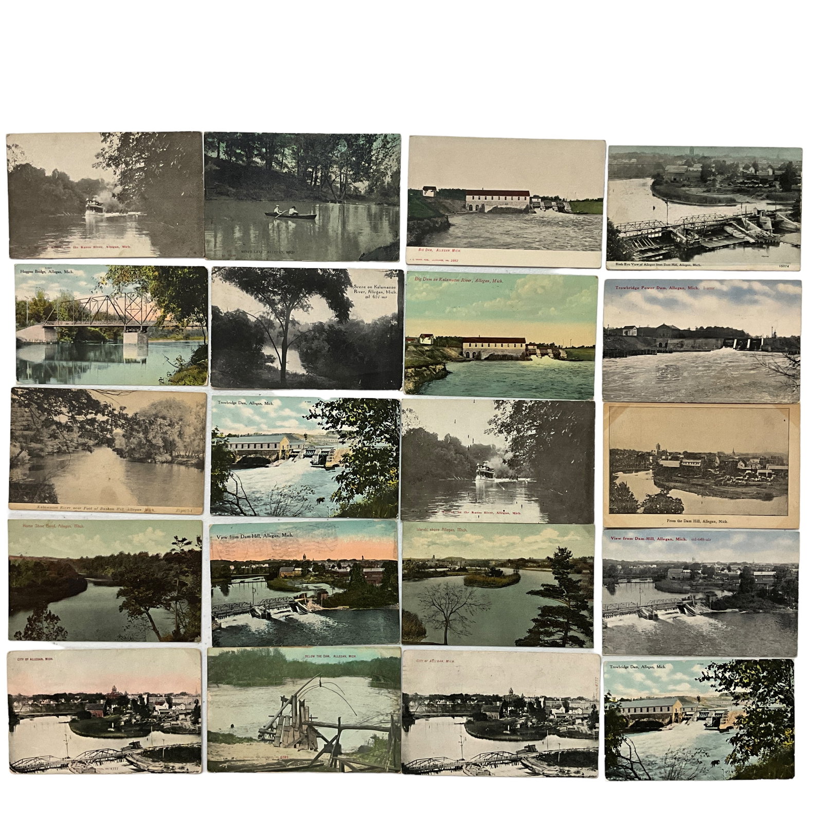 Vintage Postcards of Allegan, Michigan, Dams/Waterways, Lot of 20: Lot of 20 vintage postcards of dams and waterways located in Allegan, Michigan. Cards include Horse Shoe Bend, Trowbridge Dam, Huggins Bridge, Miner Lake, and Dam Hill. Cards are in varying condition 