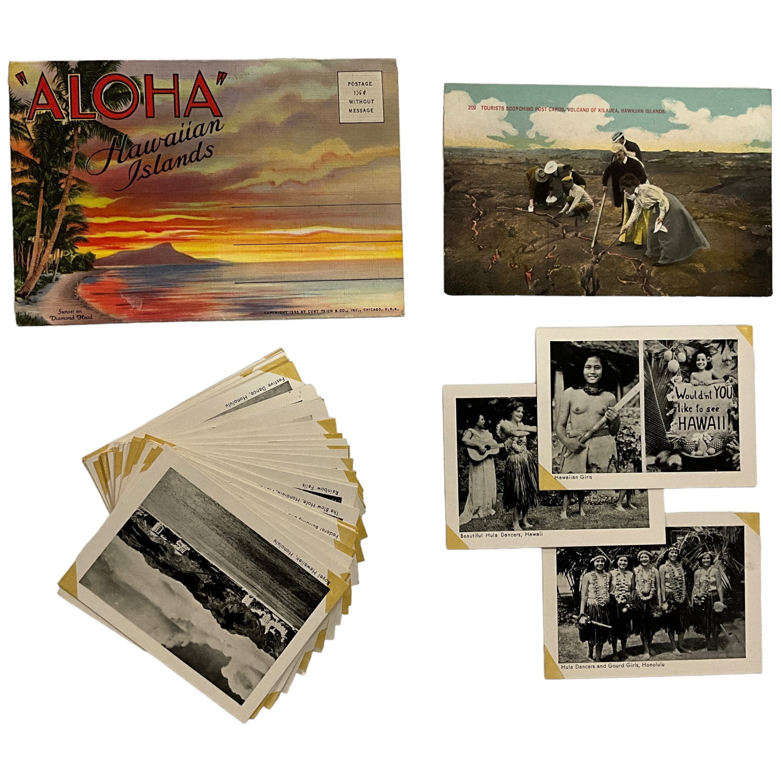Ephemera, Views of Hawaii, Postcard and Snapshot Lot: Ephemera of different views of Hawaii (Hawaiian Islands, Kilauea, Honolulu), lot of 2 postcards and 37 snapshot style photos. Postcard backs are in original purchase condition (no handwriting). All of