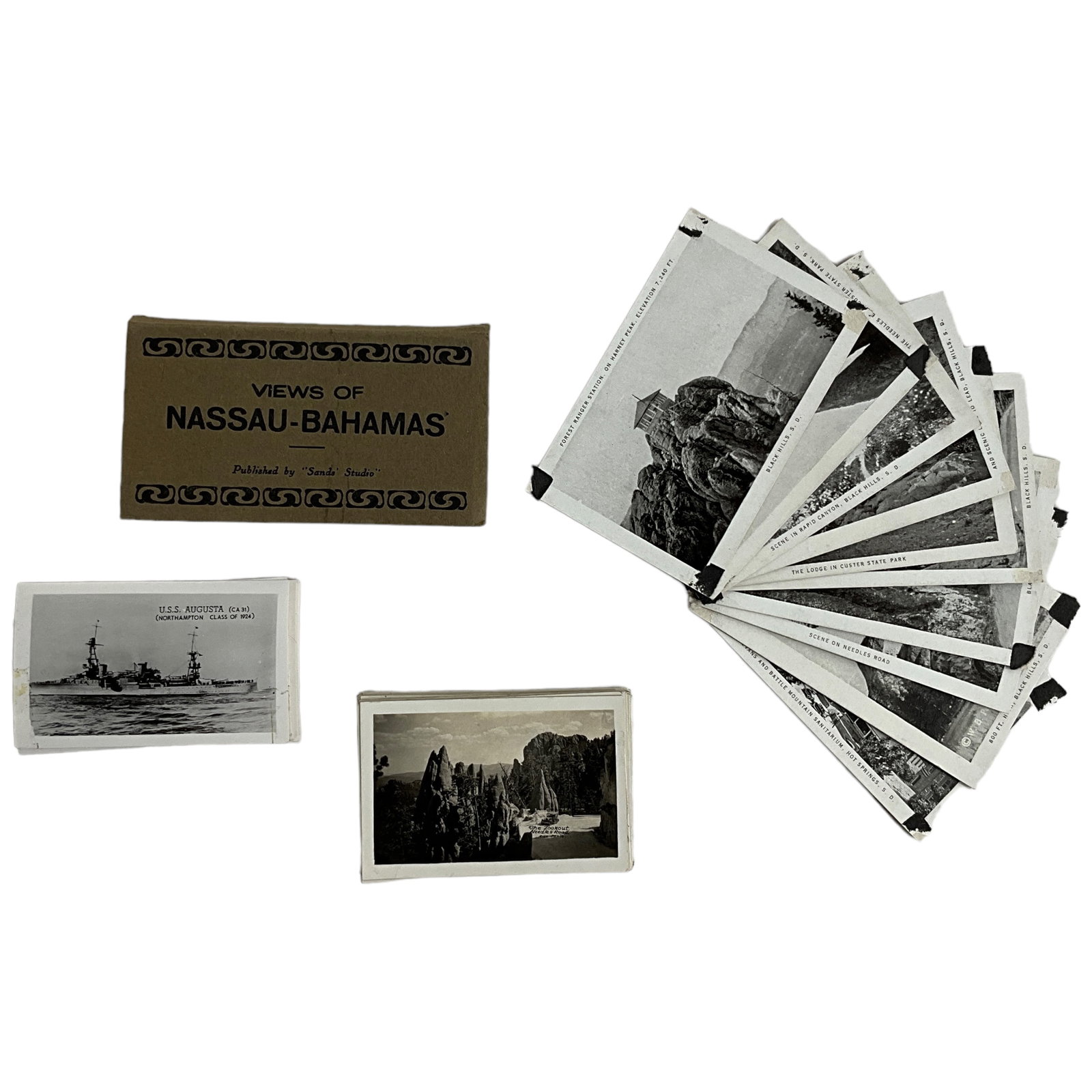 Ephemera, Souvenir photos, lot of 4 groupings: Souvenir type snapshot photos of various locations and things (Bahamas, Navy Vessels, National Parks), four groups with a total of 45 black/white and 15 color images. Some photos do have the remains o