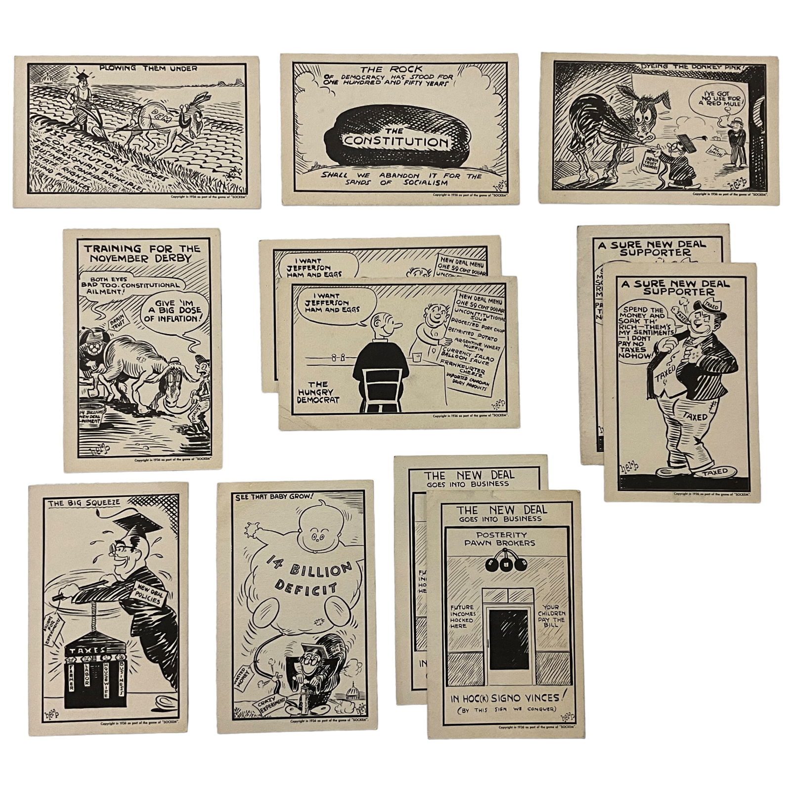 Political Postcard Series, Satirical Comics, New Deal, 1936, Lot of 12 (1 of 2)