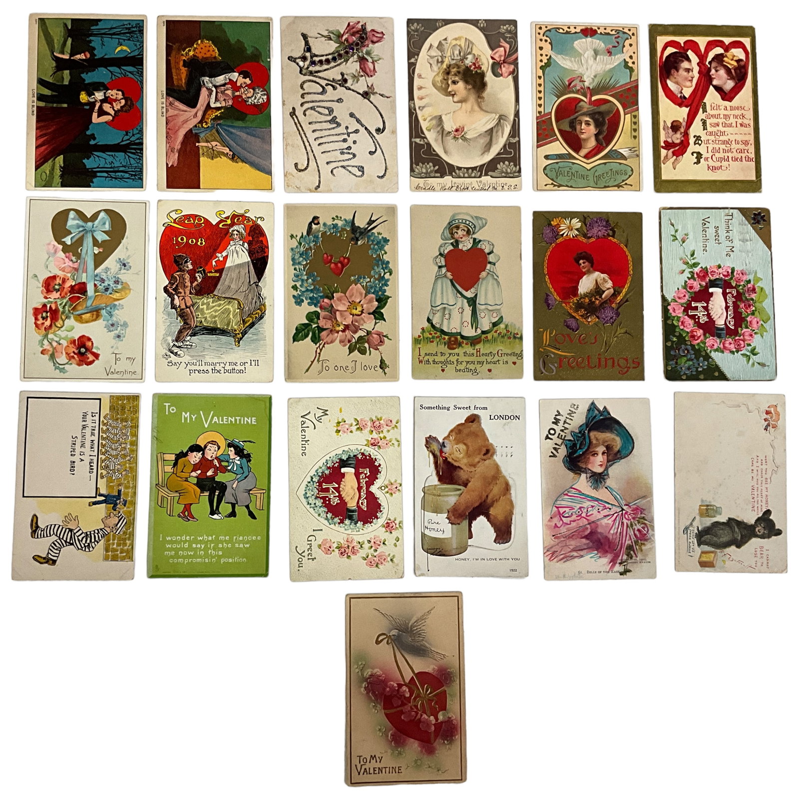 Holiday Postcards, Vintage and Edwardian Valentines, Lot of 19: Postcards featuring different Valentines sentiments and images, lot of 19 antique and vintage cards. Cards are in varying condition, there is some creasing, and some have writing on the back. Publishe