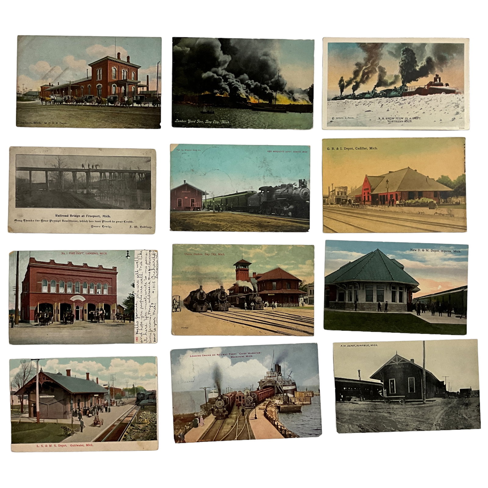 Postcards, Fire Departments and Railroads, Michigan, Lot of 12: Postcards featuring different fire and rail related themes, all taken in michigan (Union Station, Lansing, Jackson, and much more) lot of 12 antique cards. Cards come in varying condition, there is so