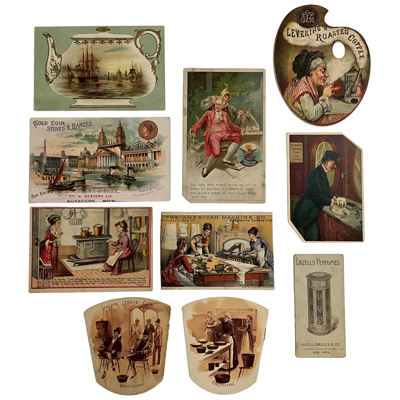 Victorian Trade Cards, Lot of 10: Trade cards advertising for a variety of different products (coffee, stoves, soap, perfume, and much more), lot of 10 antique cards. Cards come in varying conditon, there is some edge wear and damage,