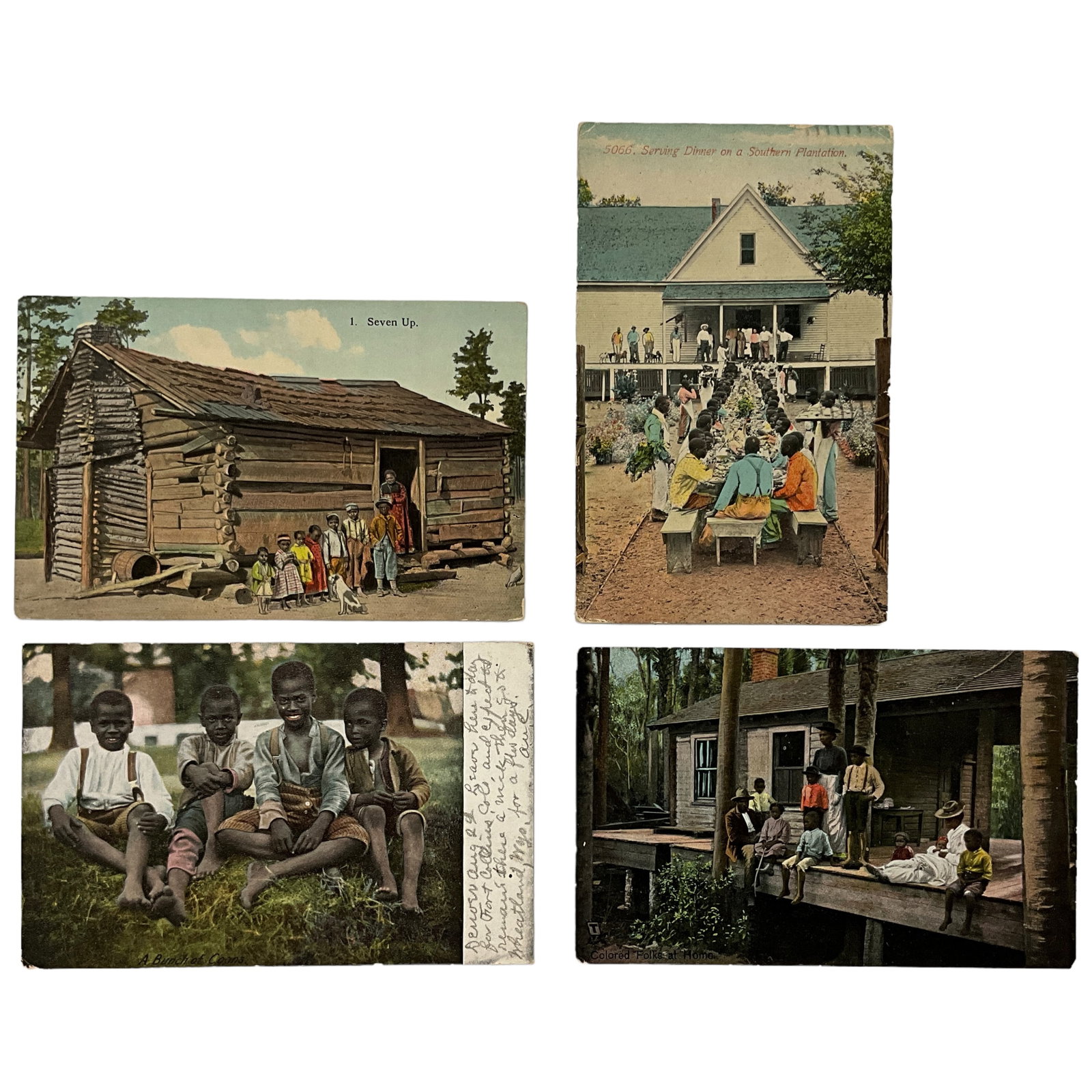 Postcards, Southern African Americans, Black Americana, Lot of 4: Postcards featuring different African American families from the south, lot of 4 antique cards. Cards come in varying conditon, there is some minor edge wear and damage, and some have writing on the b