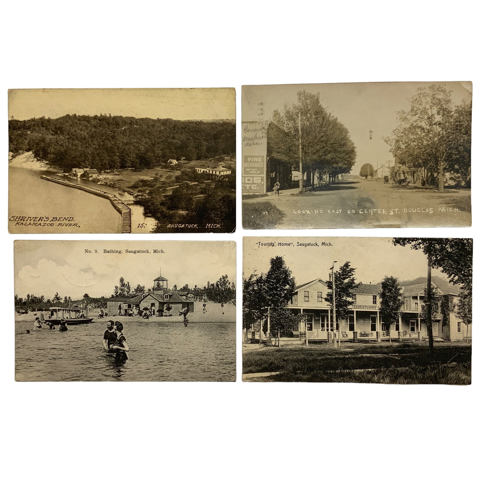 Real Photo and Regular Postcard Mix, Saugatuck, MI; Lot of 4: Real photo postcard and regular postcards (black & white/sepia tone) of Saugatuck, Michigan. Cards include Old Mill, Oxbow painting school, and Mount Baldhead stairwayOx Bow Bend and Old Water Mill Sh