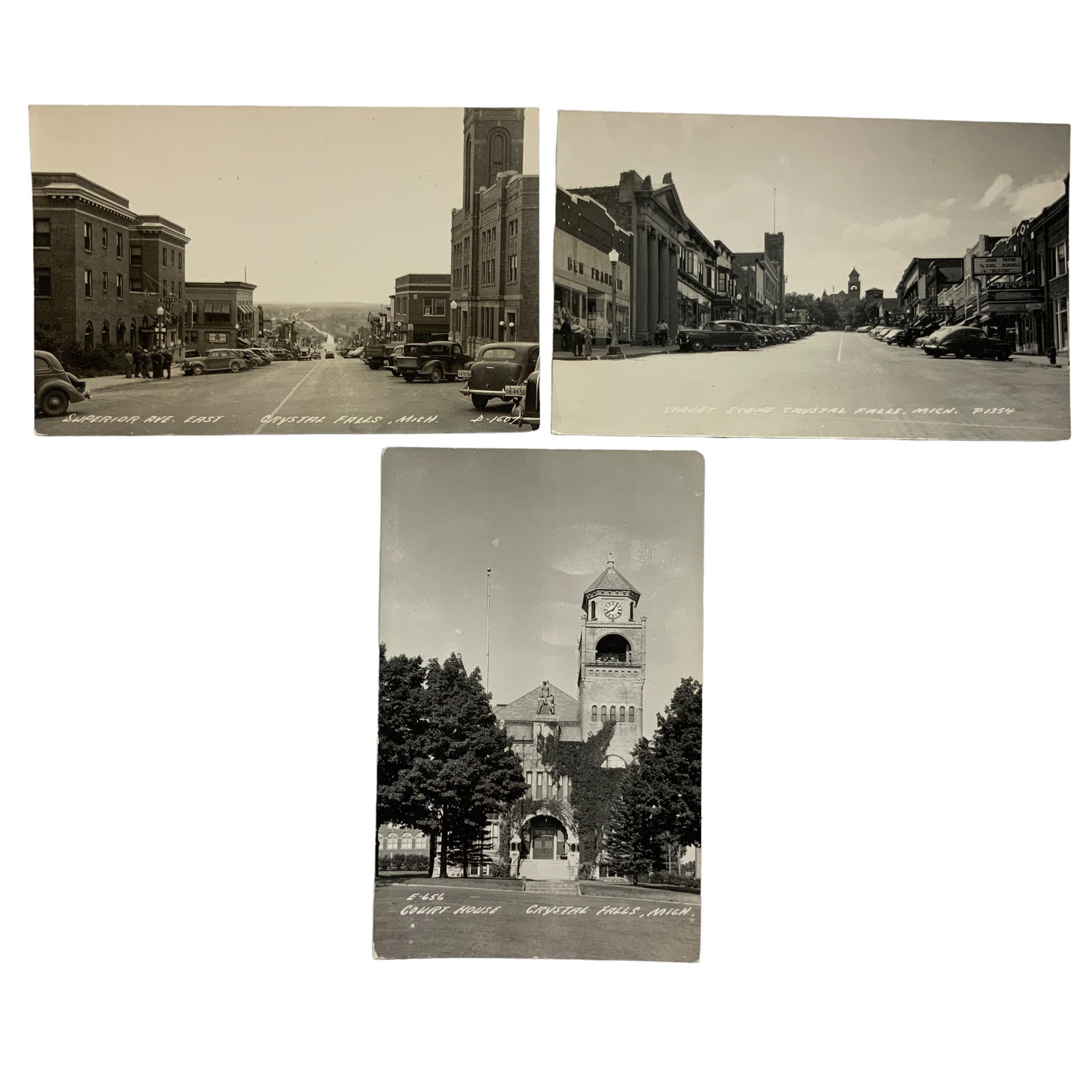 Real Photo Postcards, Crystal Falls, MI; Lot of 3: Lot of 3 postcards of Crystal Falls, Michigan, street scenes. One card has writing and postmark. All cards are slightly worn on edges. Publisher The L.L. Cook Co.