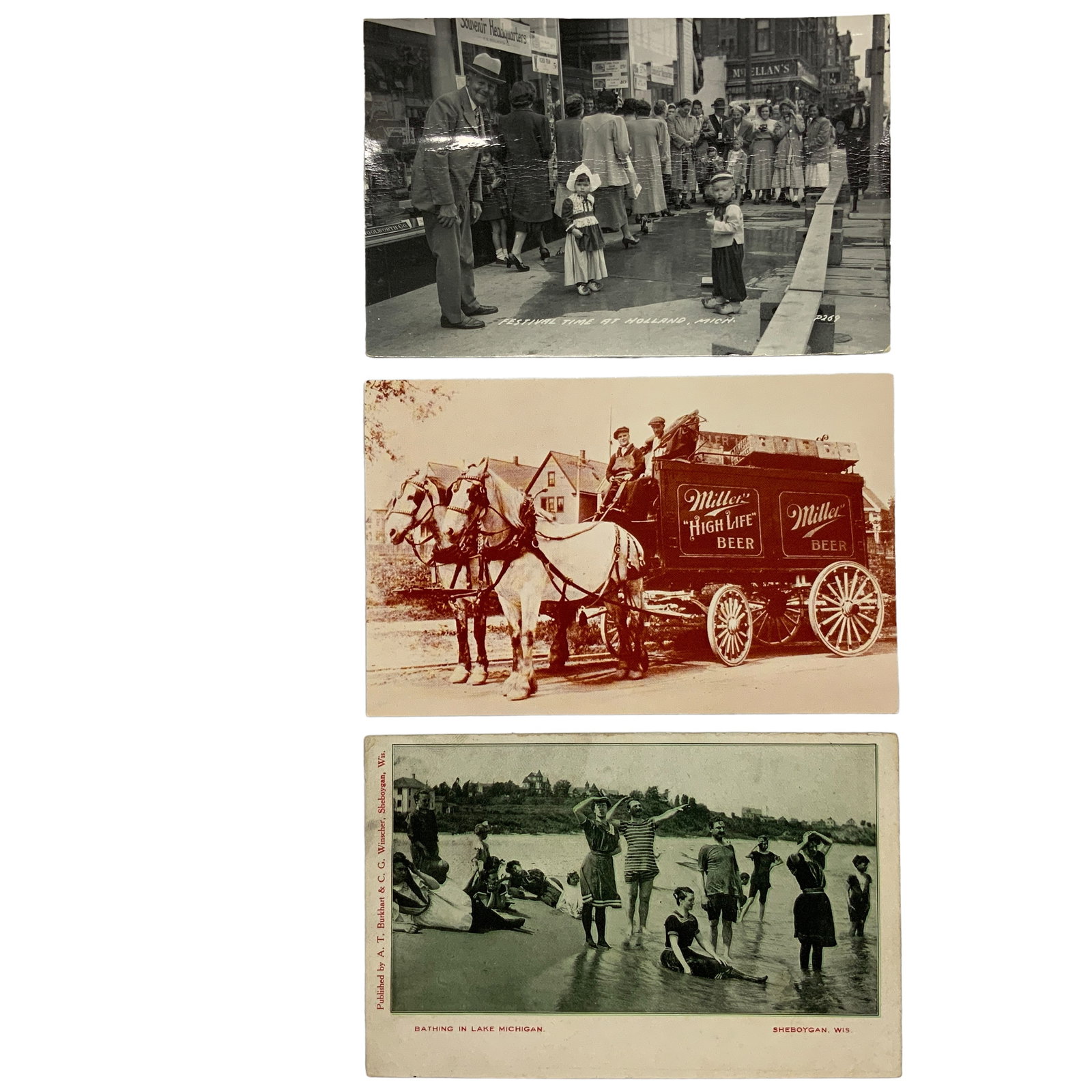 Postcards - Midwest, Lot of 3: Post cards of bathing in Lake Michigan (Sheboygan, WI), Holland, MI Tulip Festival (postmarked 1954), and Miller High Life horse-drawn beer carriage. One card has writing and postmark. All cards have 