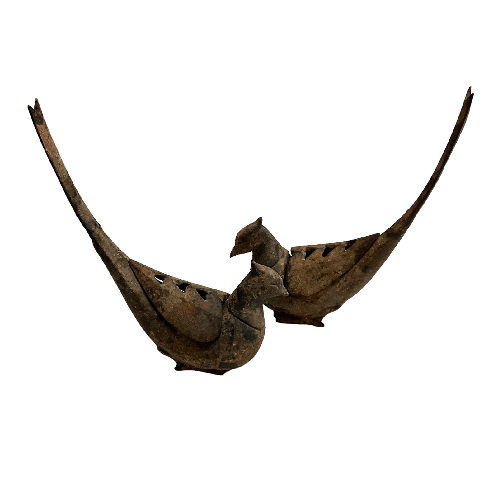 Pair of Japanese Incense Burners: Pair of Japanese Iron Incense Burners- Bird of Paradise pattern. Each is approx. 9" tall, and 7.5" long.